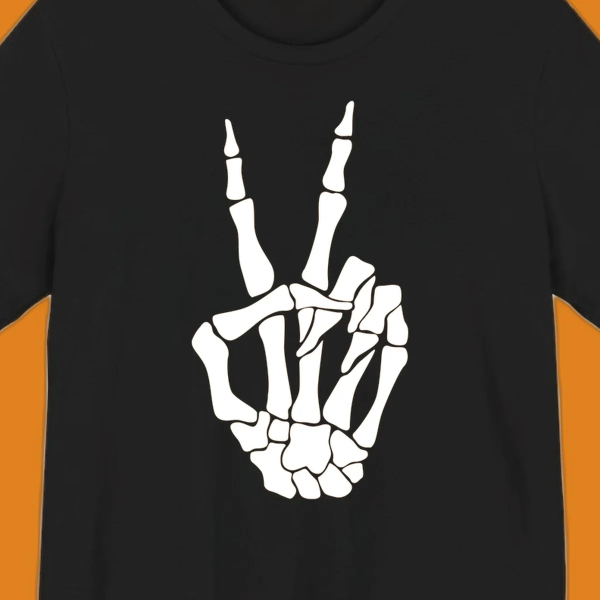 A detailed illustration of a skeletal hand making a peace sign. The bones are clearly visible, embodying the skeleton-peace-sign theme.