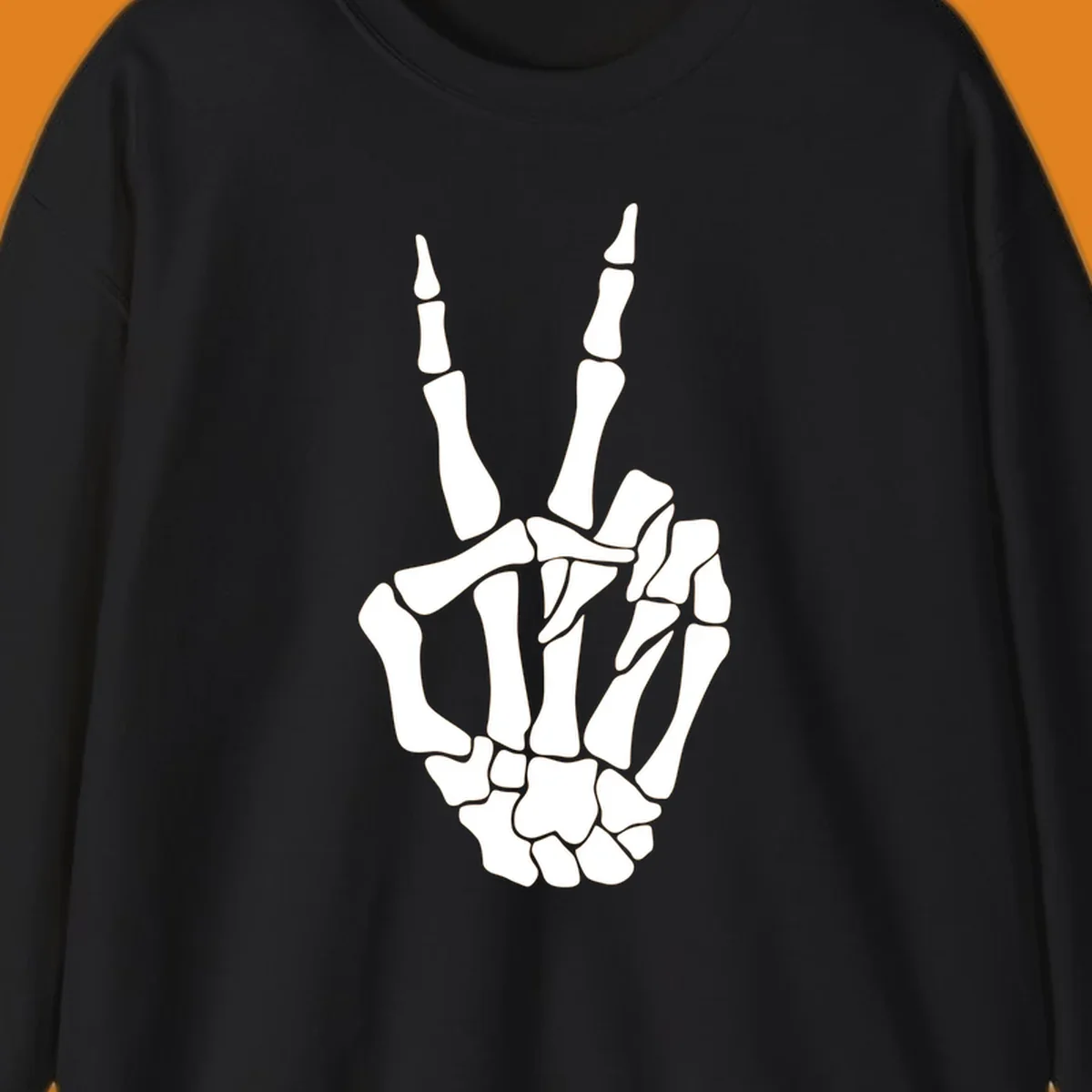 A detailed illustration of a skeletal hand making a peace sign. The bones are clearly visible, embodying the skeleton-peace-sign theme.