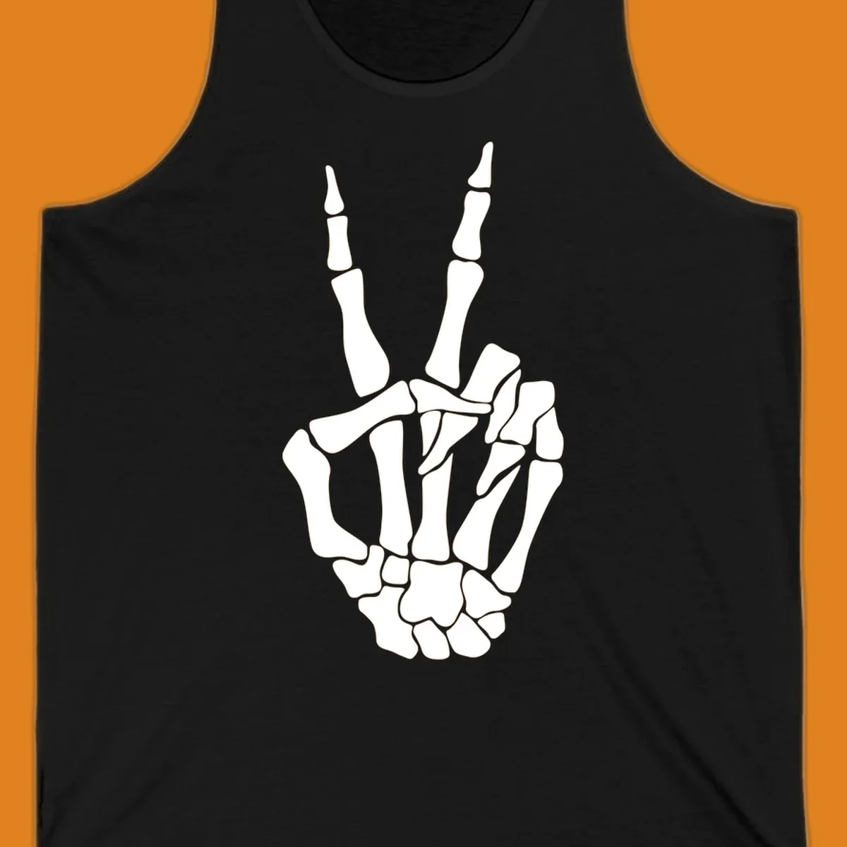 A detailed illustration of a skeletal hand making a peace sign. The bones are clearly visible, embodying the skeleton-peace-sign theme.