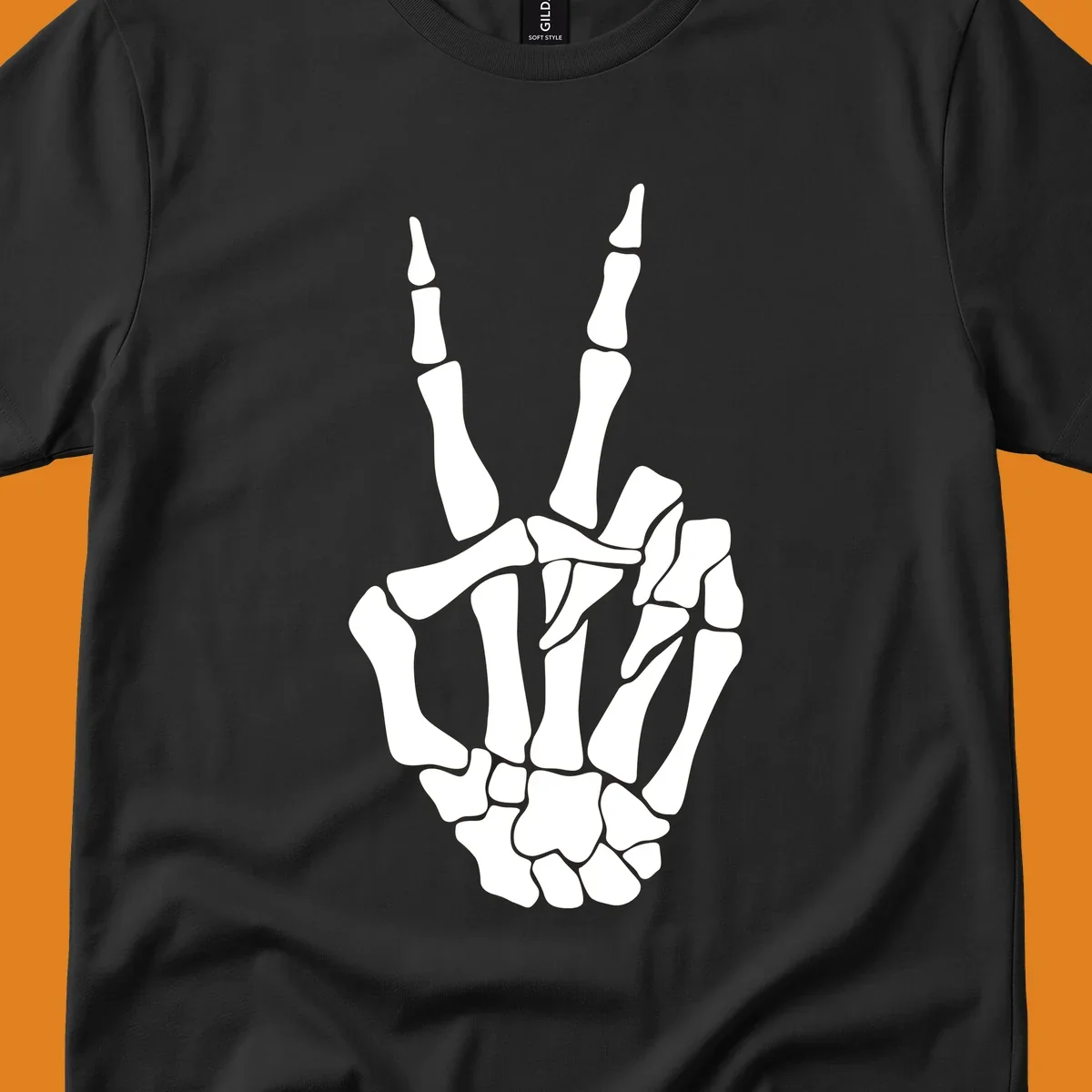 A detailed illustration of a skeletal hand making a peace sign. The bones are clearly visible, embodying the skeleton-peace-sign theme.