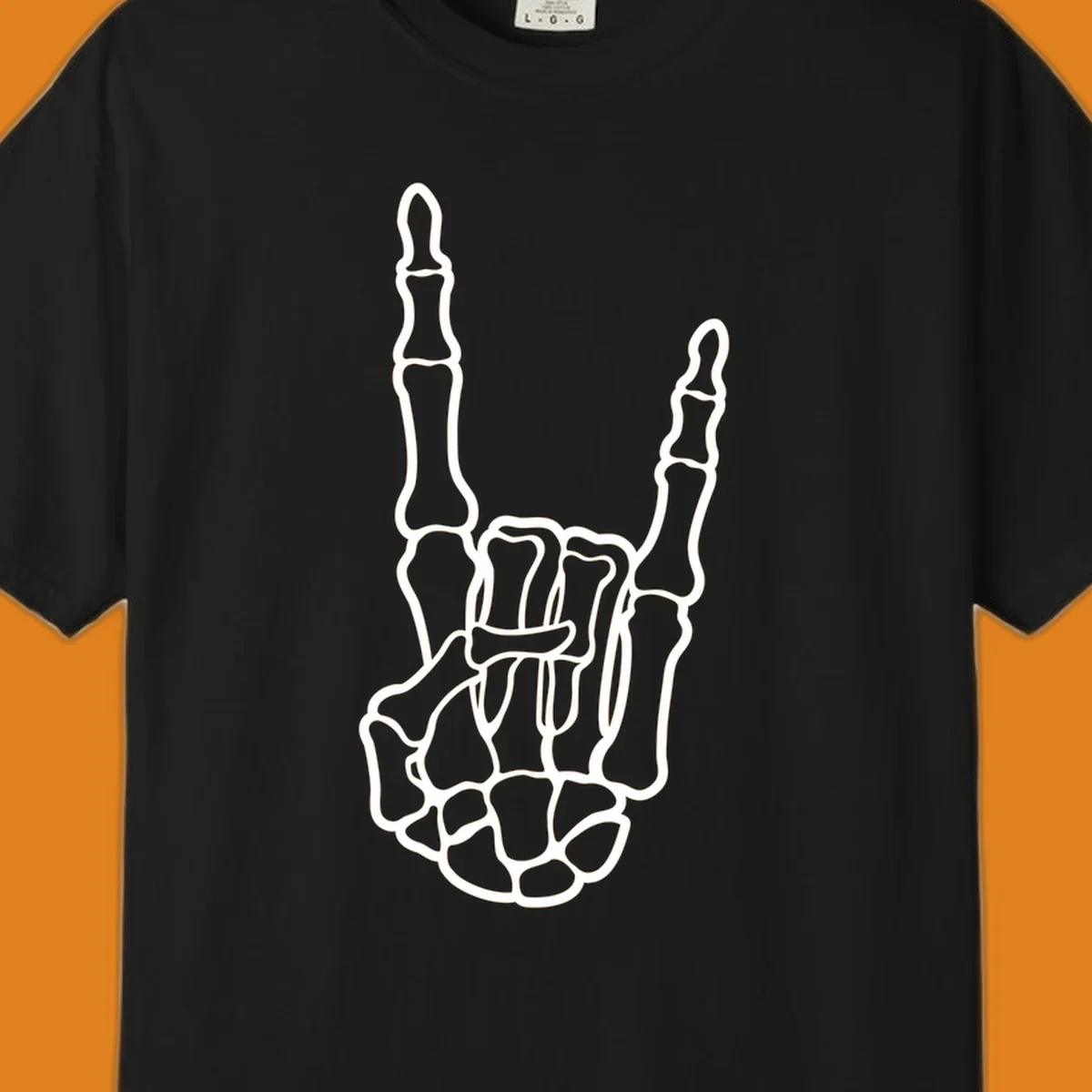 A minimalist illustration of a skeleton hand making the 'devil horns' or 'rock and roll' gesture, emphasizing the bony structure.