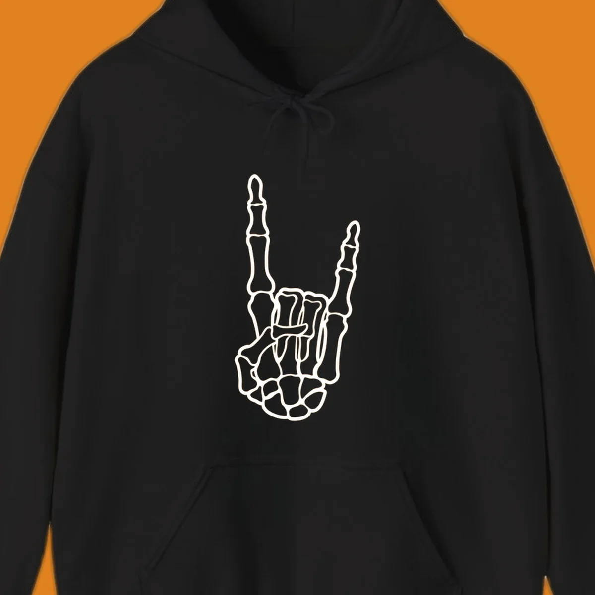 A minimalist illustration of a skeleton hand making the 'devil horns' or 'rock and roll' gesture, emphasizing the bony structure.