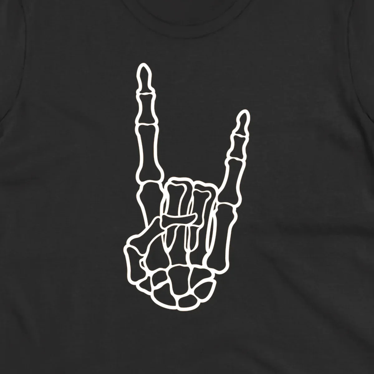 A minimalist illustration of a skeleton hand making the 'devil horns' or 'rock and roll' gesture, emphasizing the bony structure.