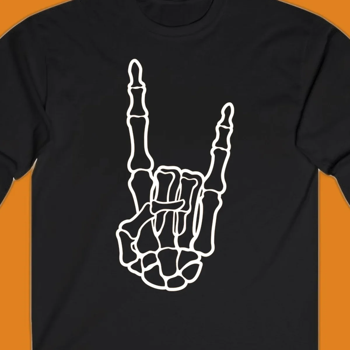 A minimalist illustration of a skeleton hand making the 'devil horns' or 'rock and roll' gesture, emphasizing the bony structure.