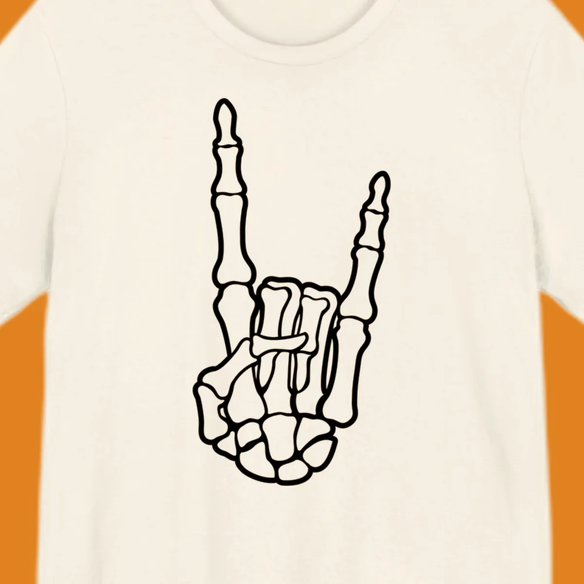 A minimalist illustration of a skeleton hand making the 'devil horns' or 'rock and roll' gesture, emphasizing the bony structure.