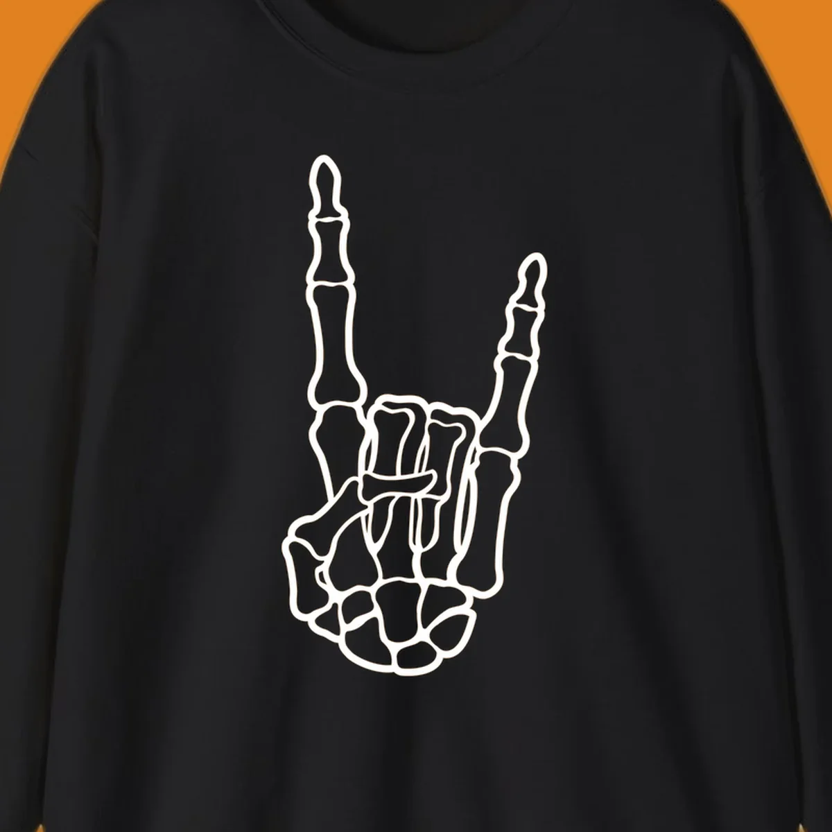 A minimalist illustration of a skeleton hand making the 'devil horns' or 'rock and roll' gesture, emphasizing the bony structure.