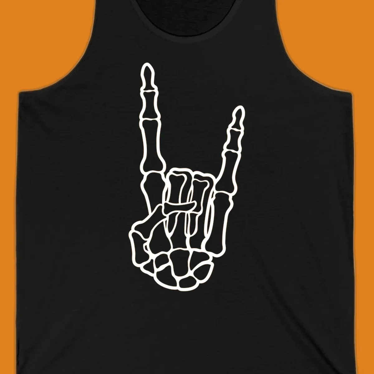A minimalist illustration of a skeleton hand making the 'devil horns' or 'rock and roll' gesture, emphasizing the bony structure.