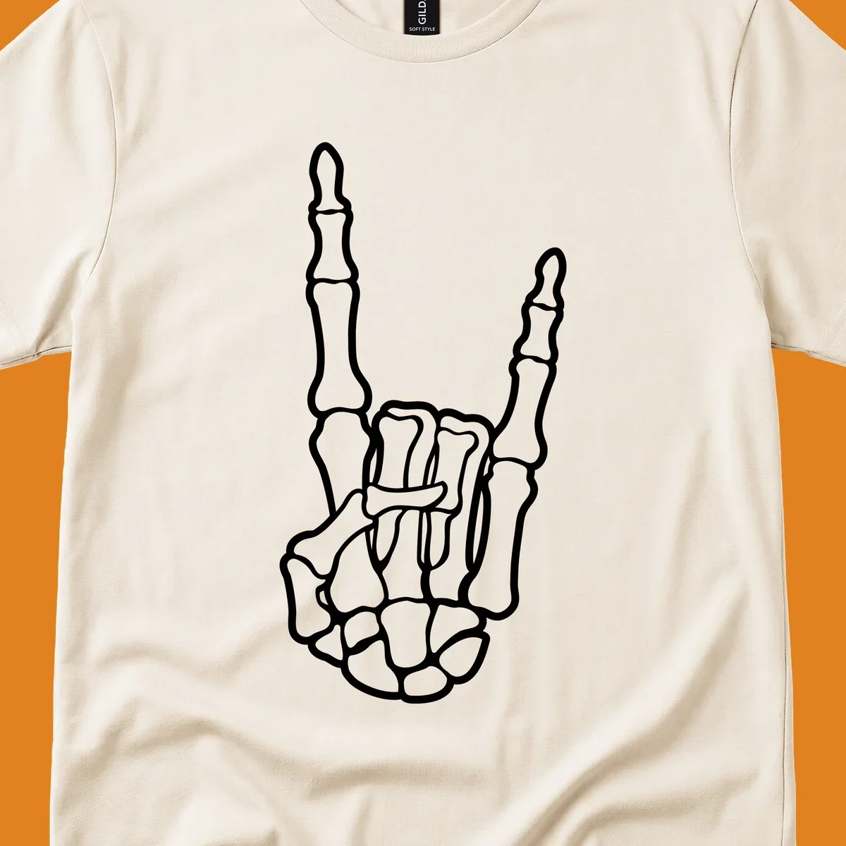 A minimalist illustration of a skeleton hand making the 'devil horns' or 'rock and roll' gesture, emphasizing the bony structure.