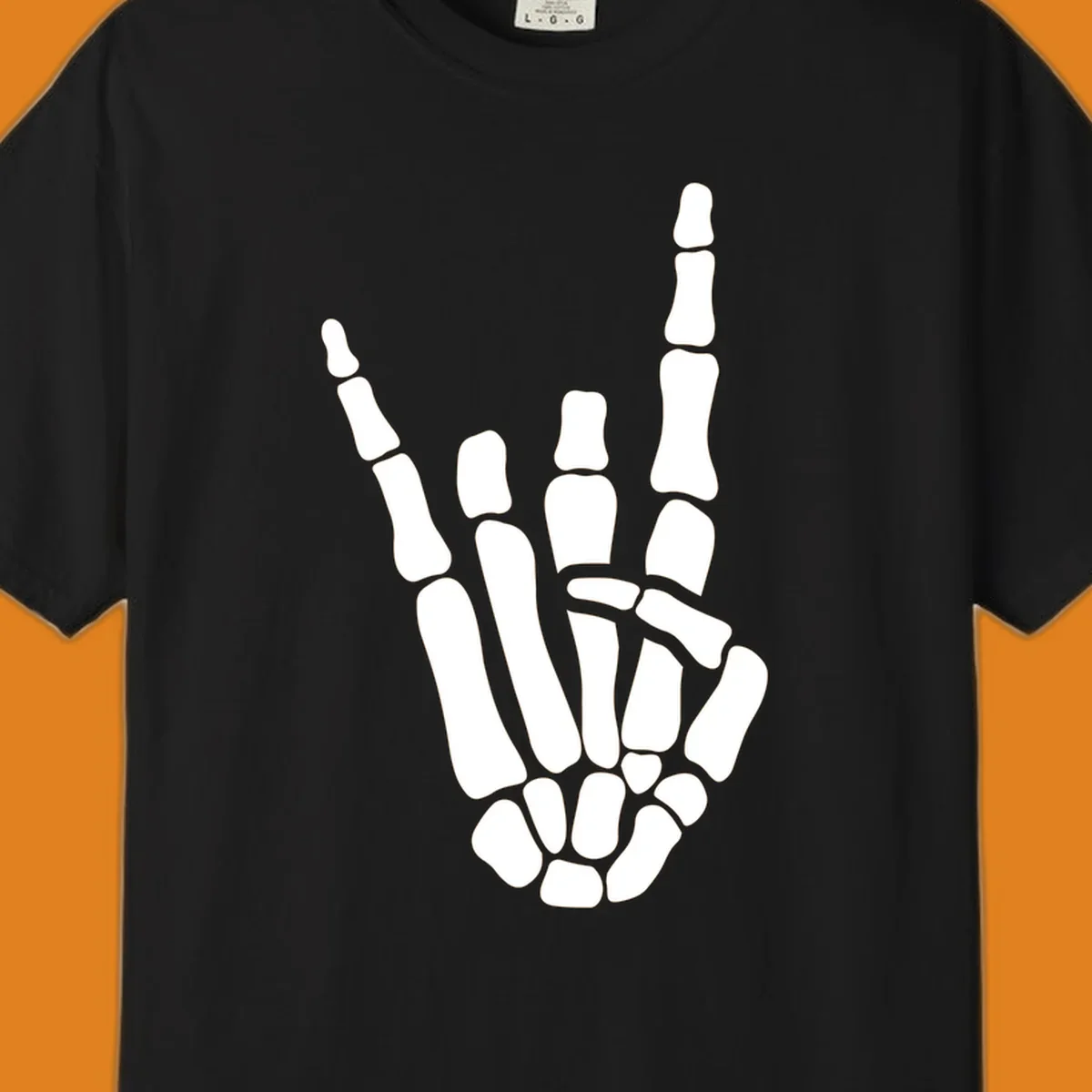An illustration of a skeleton hand making the rock-on-skeleton-gesture, with index and pinky fingers extended.