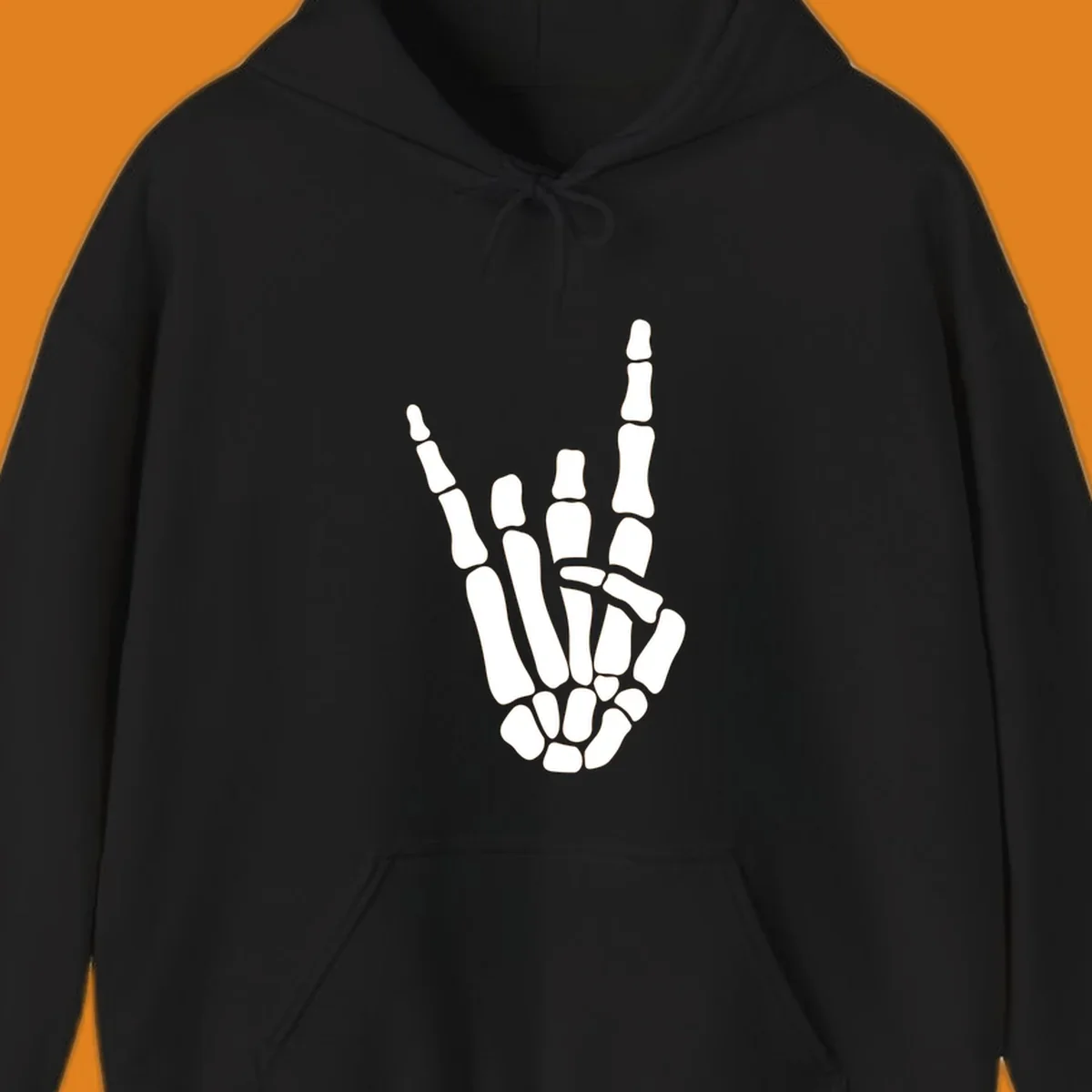An illustration of a skeleton hand making the rock-on-skeleton-gesture, with index and pinky fingers extended.