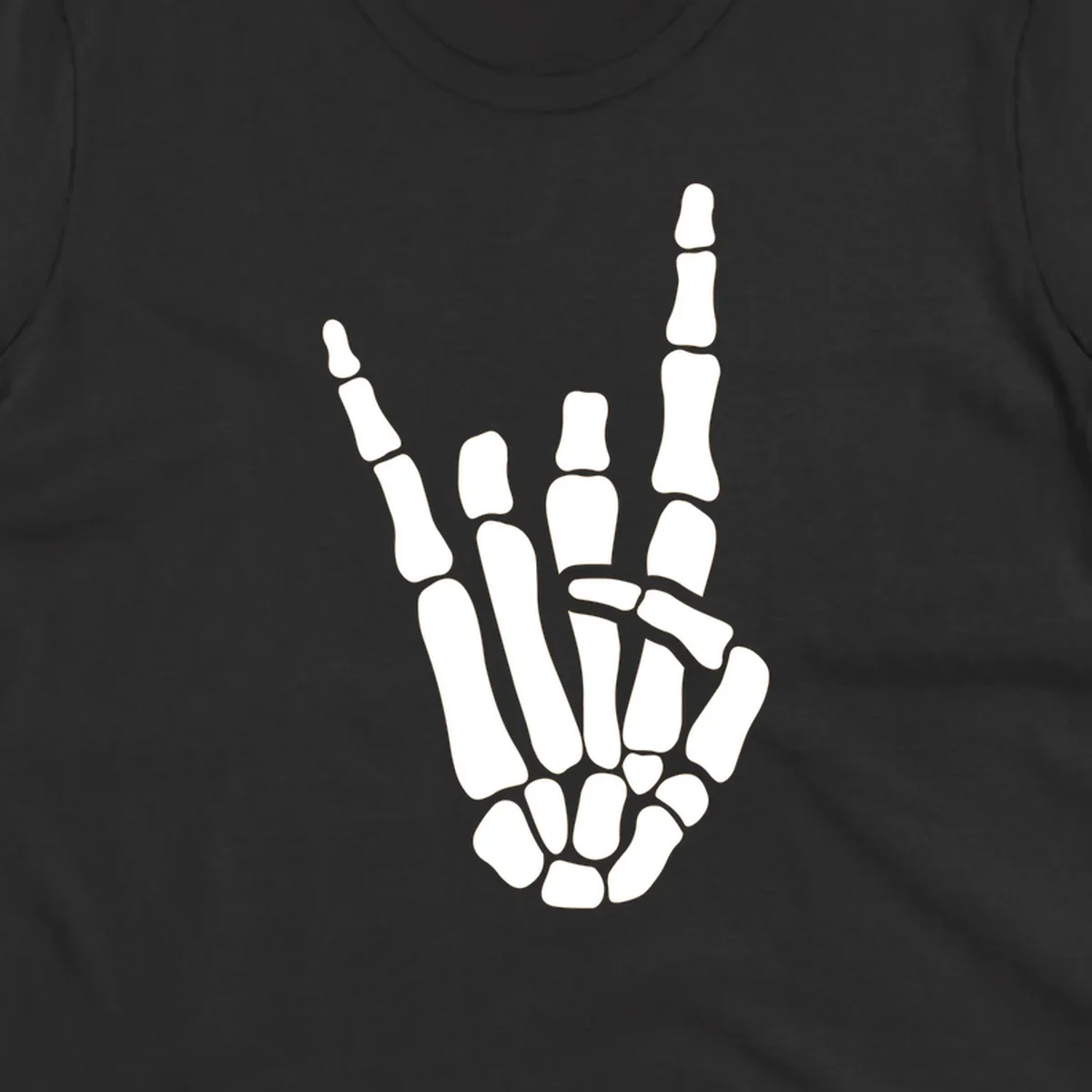 An illustration of a skeleton hand making the rock-on-skeleton-gesture, with index and pinky fingers extended.