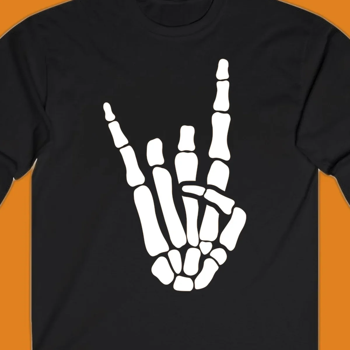 An illustration of a skeleton hand making the rock-on-skeleton-gesture, with index and pinky fingers extended.