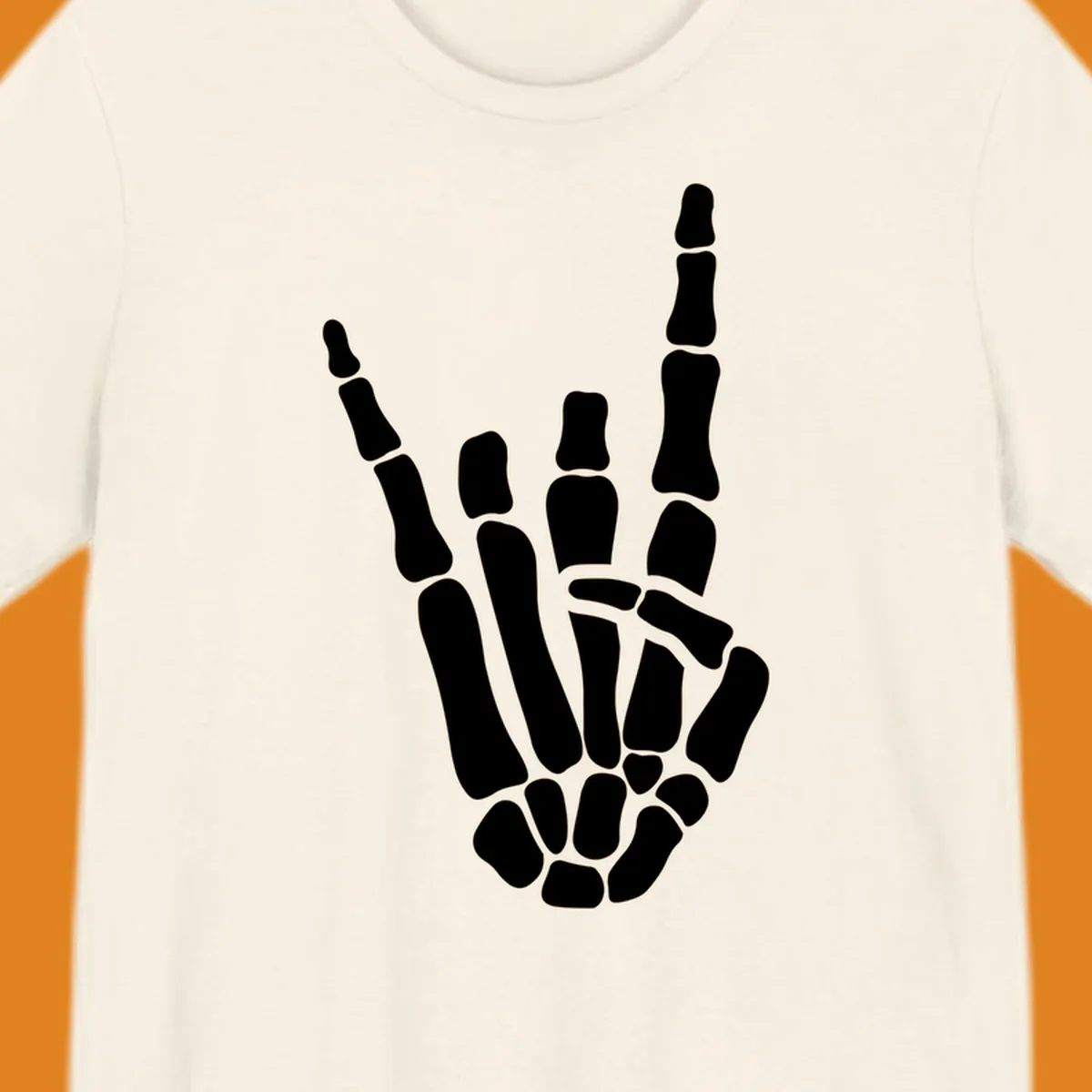 An illustration of a skeleton hand making the rock-on-skeleton-gesture, with index and pinky fingers extended.