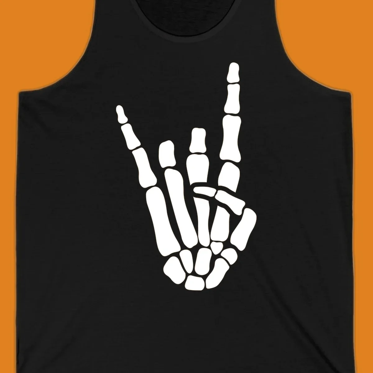An illustration of a skeleton hand making the rock-on-skeleton-gesture, with index and pinky fingers extended.