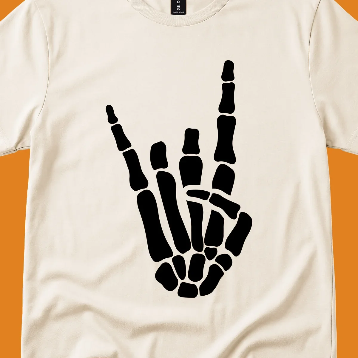 An illustration of a skeleton hand making the rock-on-skeleton-gesture, with index and pinky fingers extended.