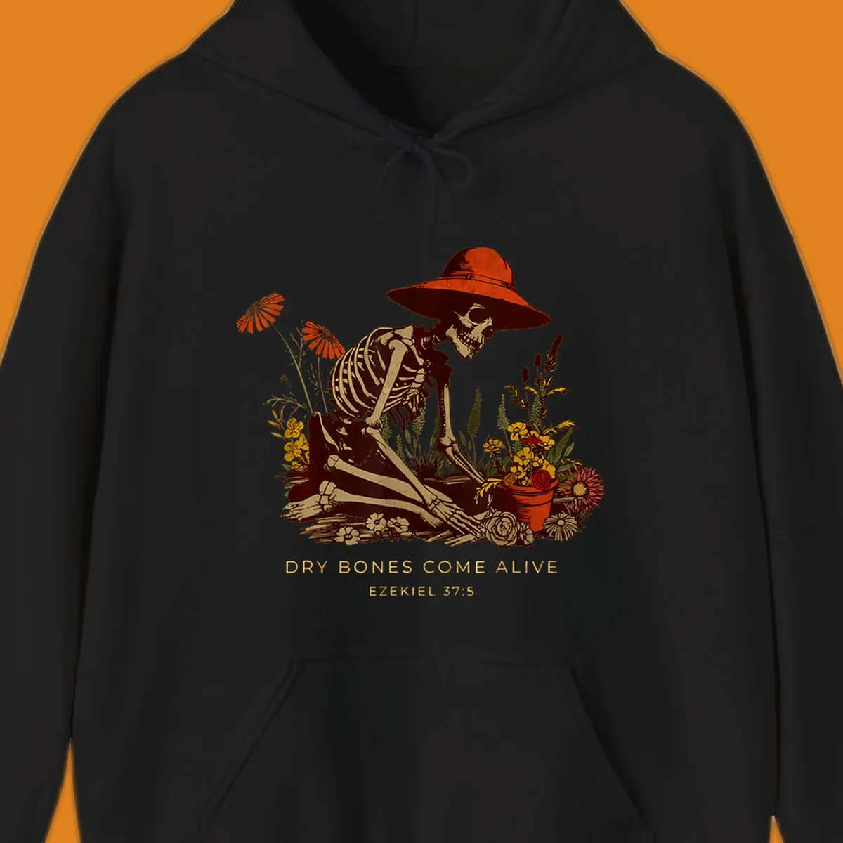 Skeleton gardener with hat tending flowers, text 'Dry Bones Come Alive', symbolizing resurrection.