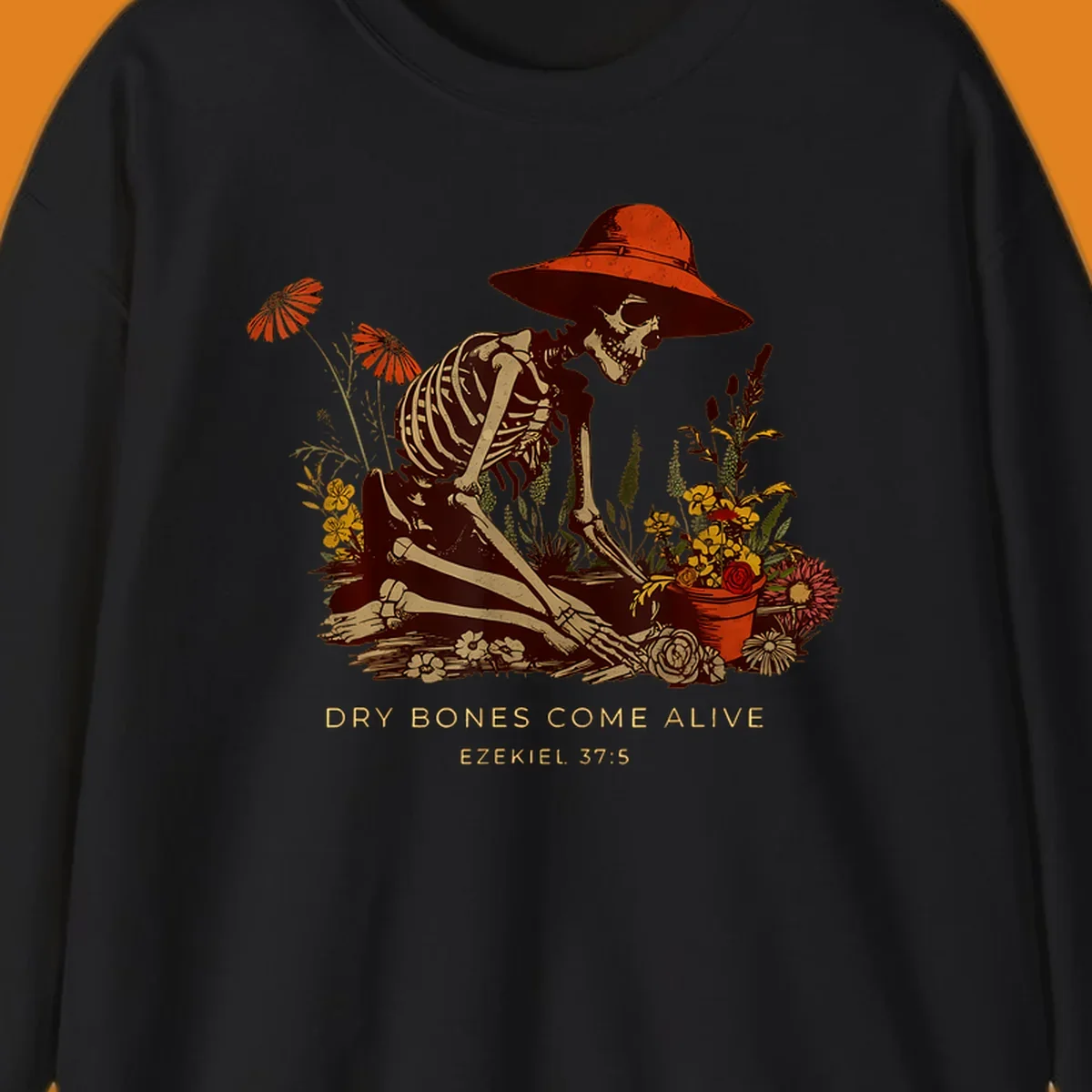 Skeleton gardener with hat tending flowers, text 'Dry Bones Come Alive', symbolizing resurrection.