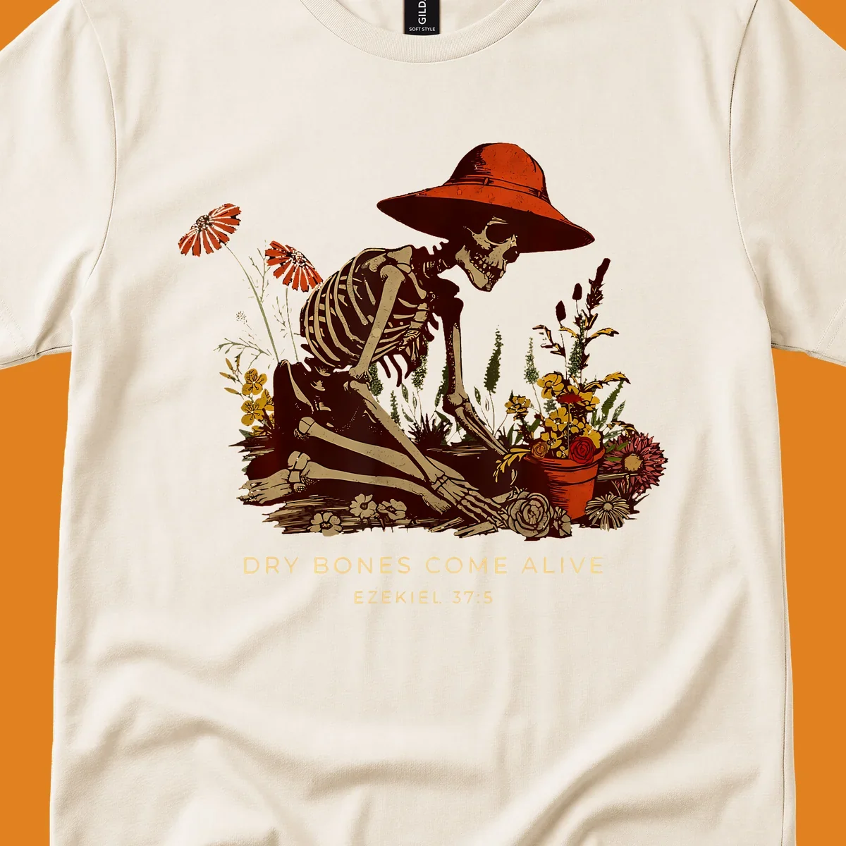 Skeleton gardener with hat tending flowers, text 'Dry Bones Come Alive', symbolizing resurrection.