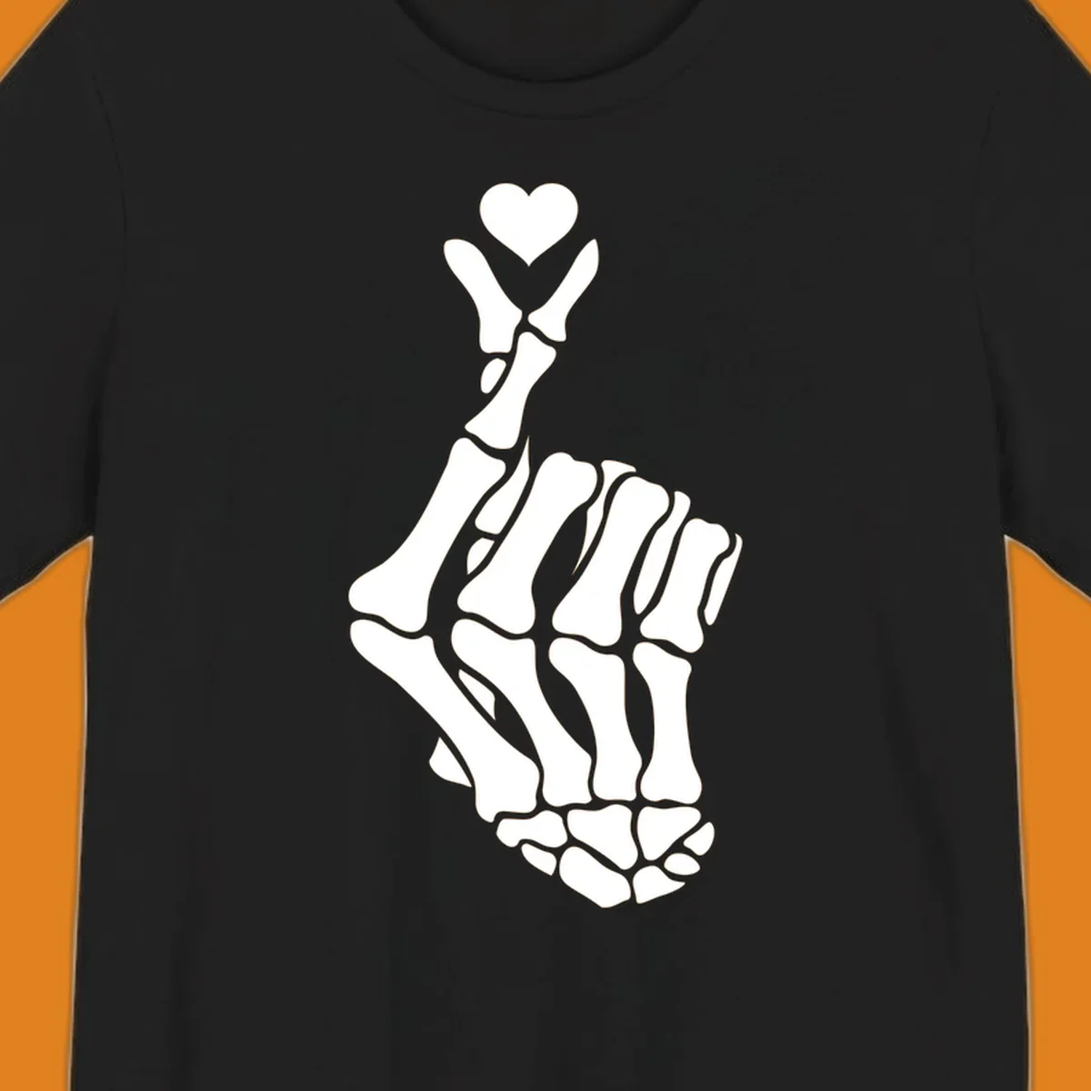 A white skeleton hand forms the Korean finger heart gesture, with a small heart shape at the fingertips. Concept: skeleton-finger-heart.