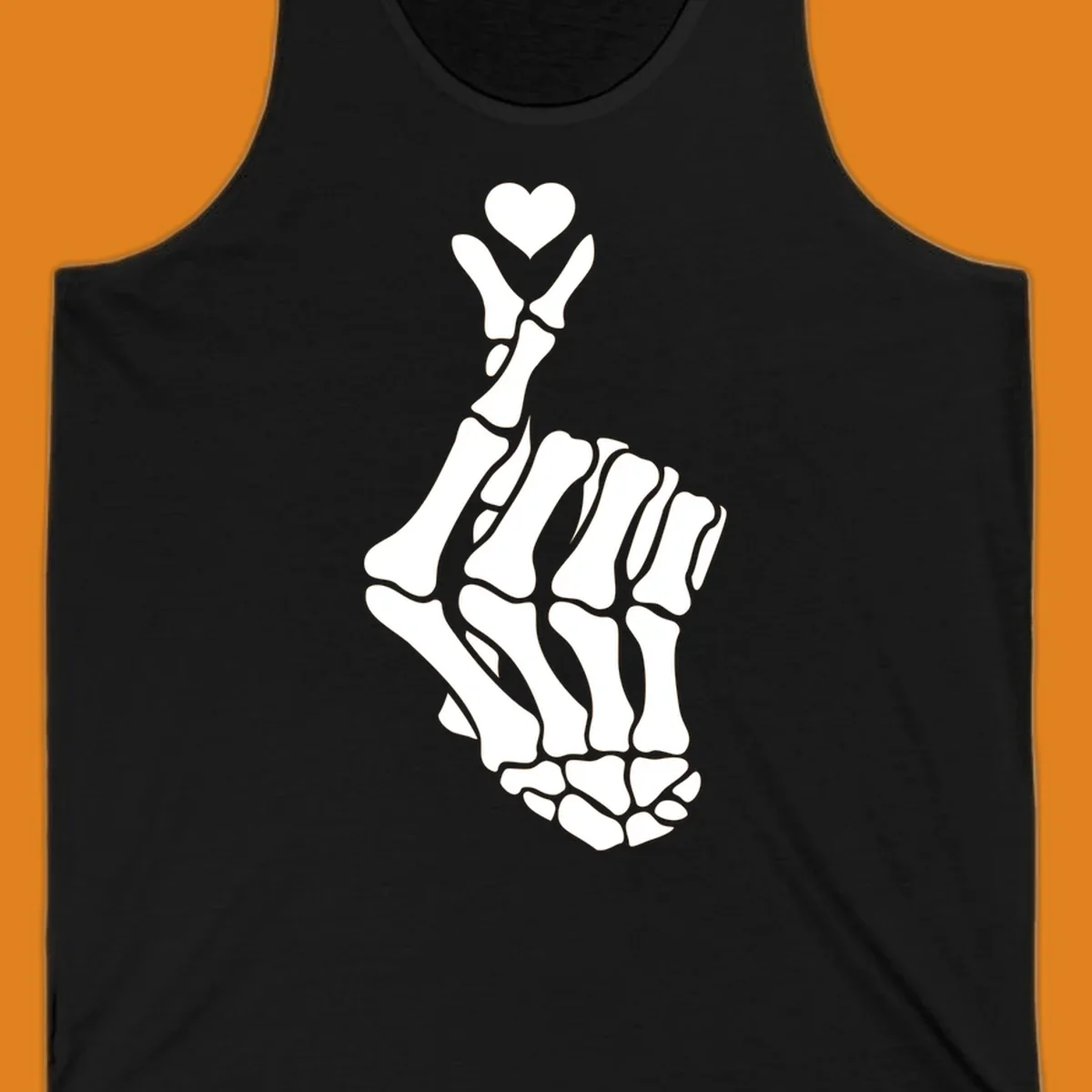 A white skeleton hand forms the Korean finger heart gesture, with a small heart shape at the fingertips. Concept: skeleton-finger-heart.