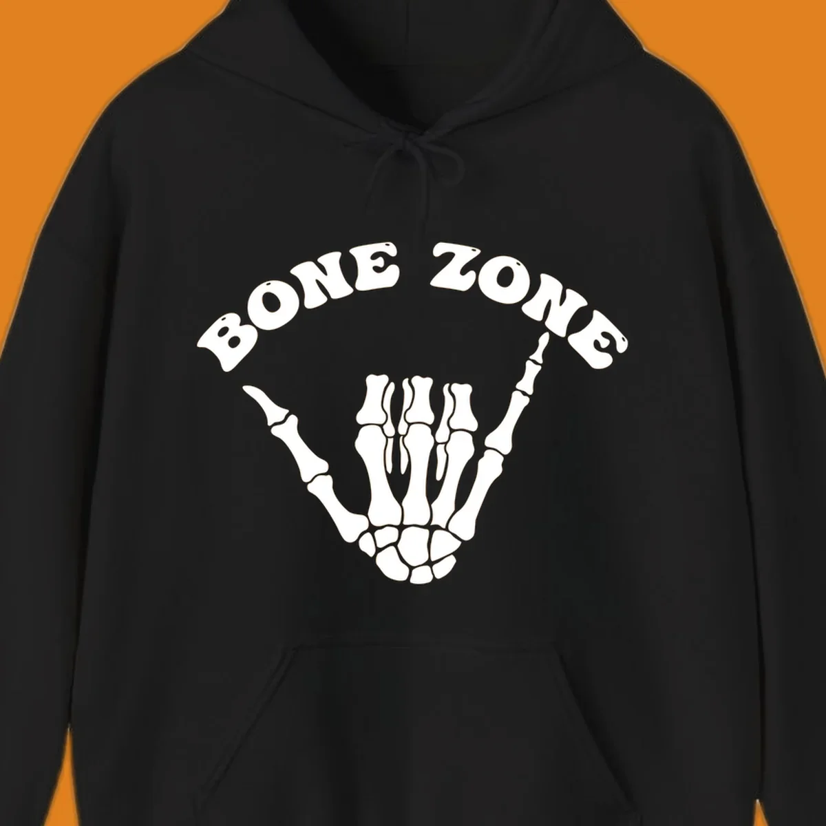 A white skeleton hand making a shaka sign with the arched text BONE ZONE above it, representing the bone-zone-shaka-skeleton concept.