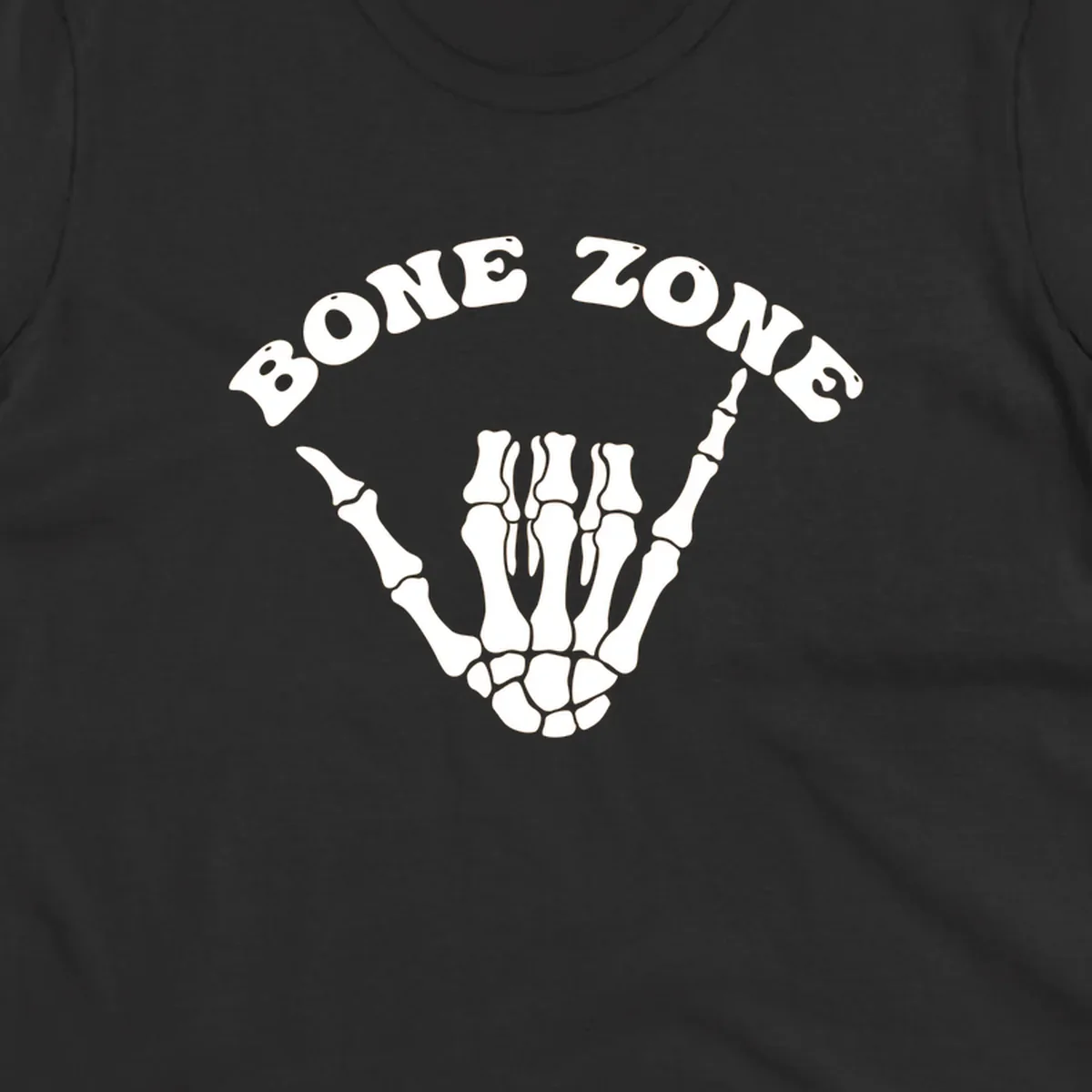 A white skeleton hand making a shaka sign with the arched text BONE ZONE above it, representing the bone-zone-shaka-skeleton concept.