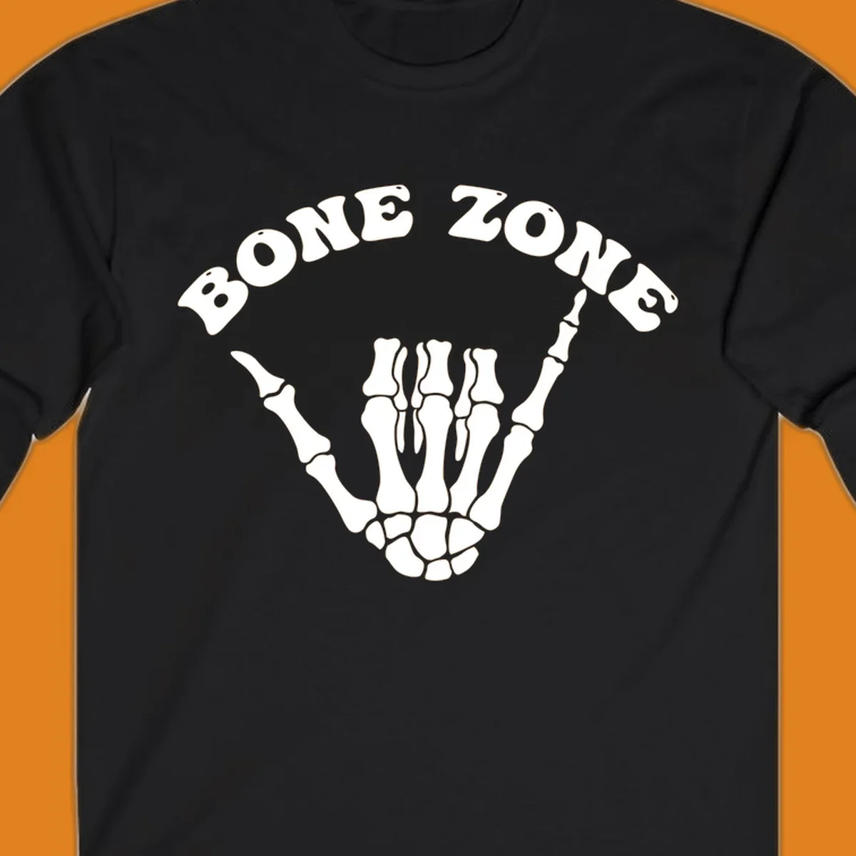 A white skeleton hand making a shaka sign with the arched text BONE ZONE above it, representing the bone-zone-shaka-skeleton concept.