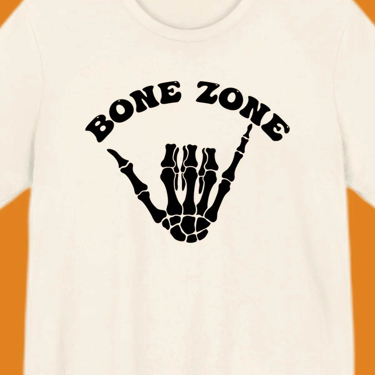 A white skeleton hand making a shaka sign with the arched text BONE ZONE above it, representing the bone-zone-shaka-skeleton concept.