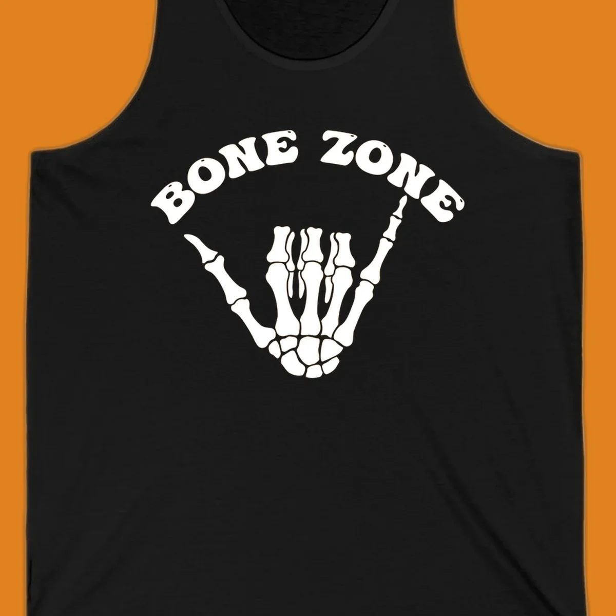A white skeleton hand making a shaka sign with the arched text BONE ZONE above it, representing the bone-zone-shaka-skeleton concept.