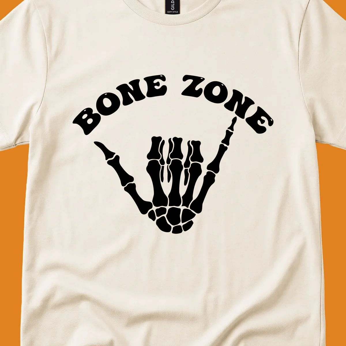 A white skeleton hand making a shaka sign with the arched text BONE ZONE above it, representing the bone-zone-shaka-skeleton concept.
