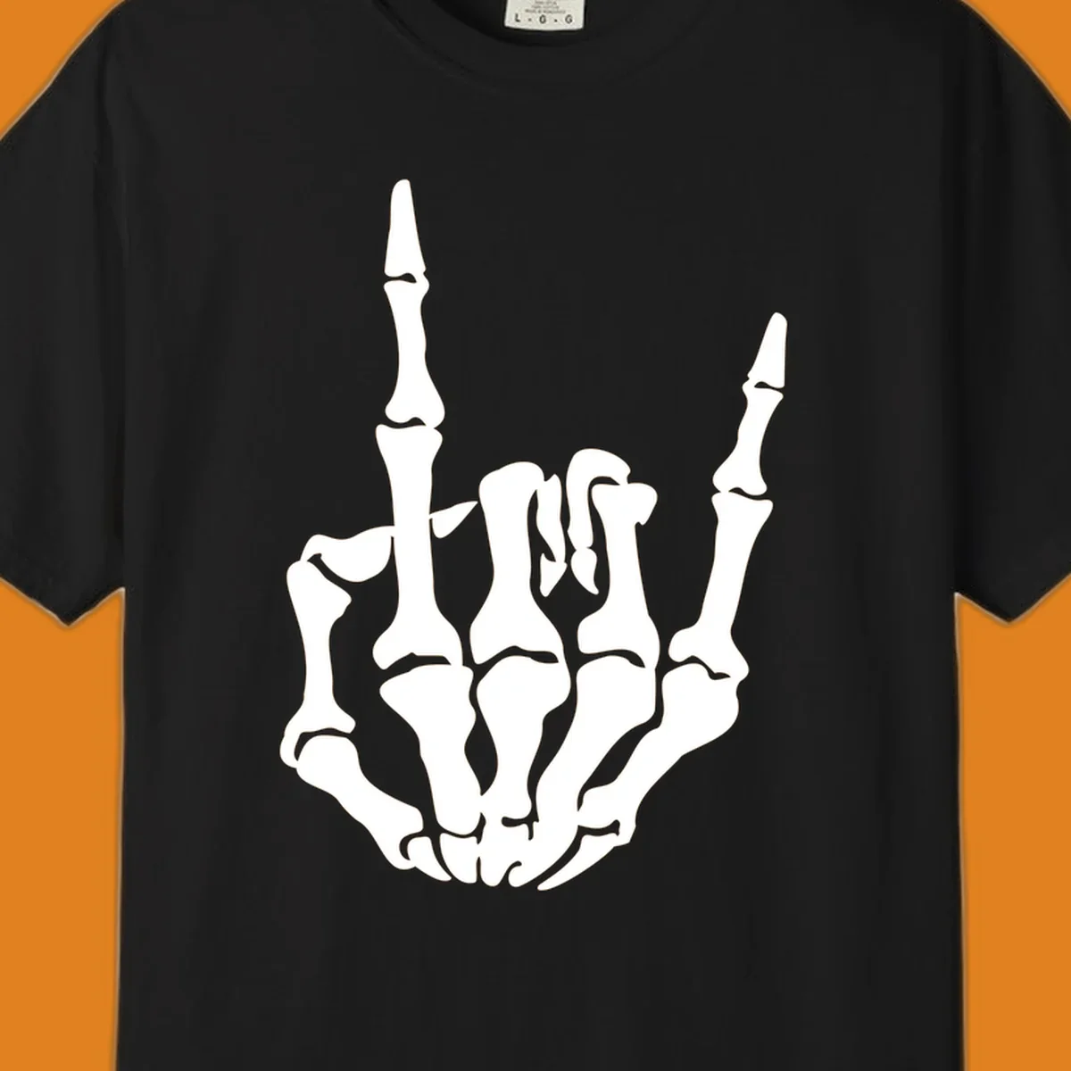 A detailed white skeleton hand making the 'rock on' gesture on a black background, representing the skeleton-hand-rock-on concept.