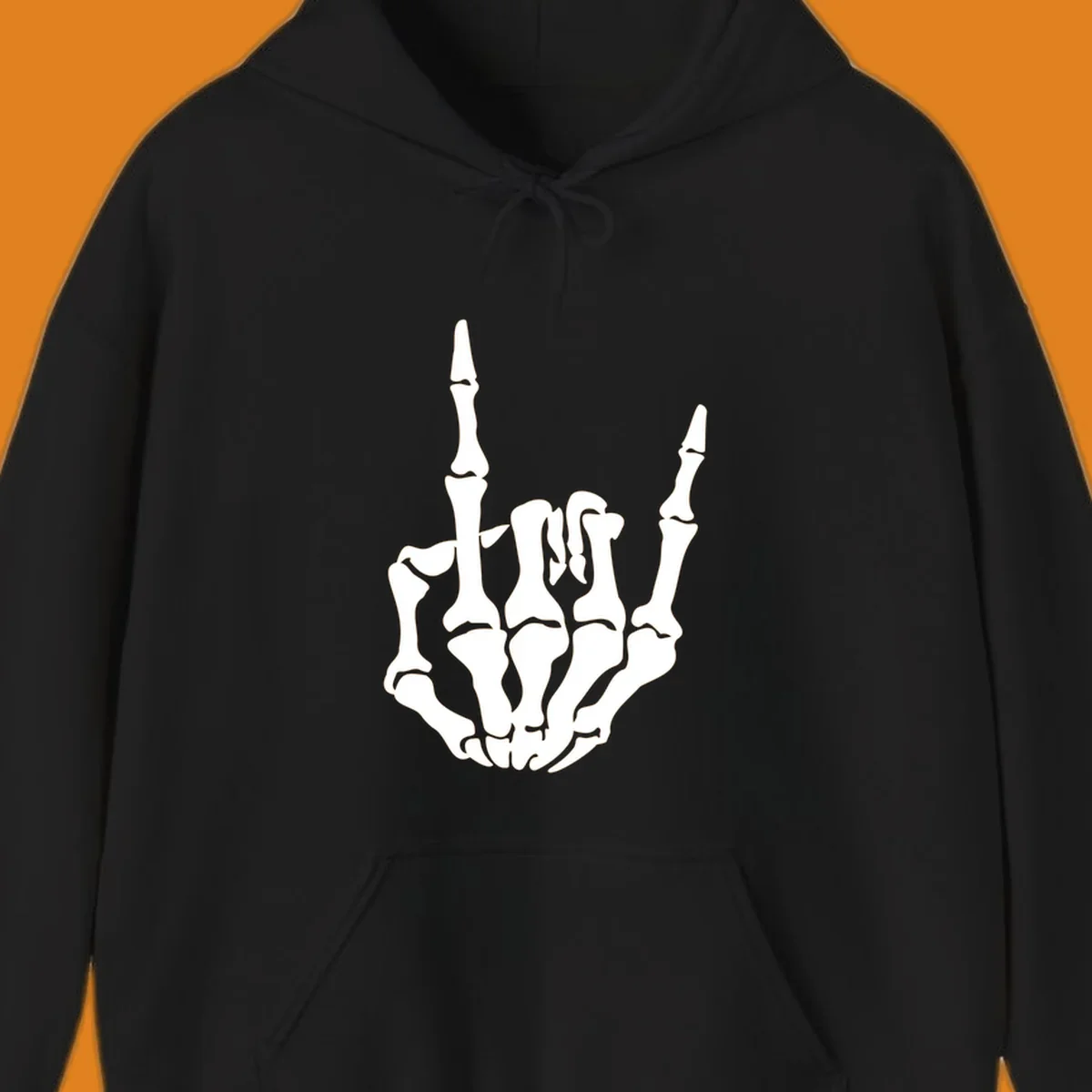 A detailed white skeleton hand making the 'rock on' gesture on a black background, representing the skeleton-hand-rock-on concept.