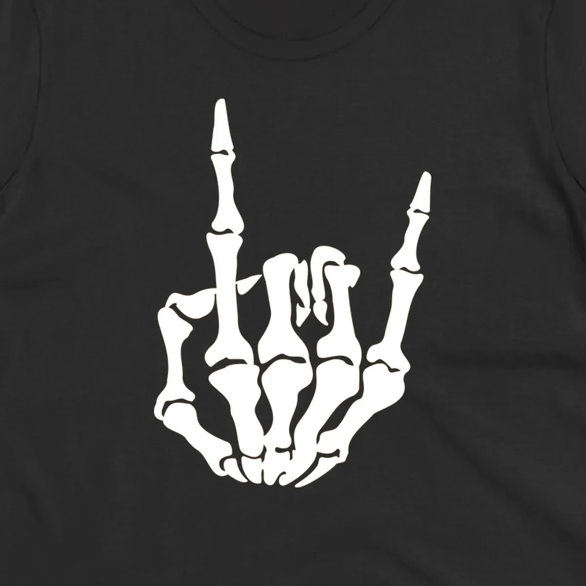 A detailed white skeleton hand making the 'rock on' gesture on a black background, representing the skeleton-hand-rock-on concept.