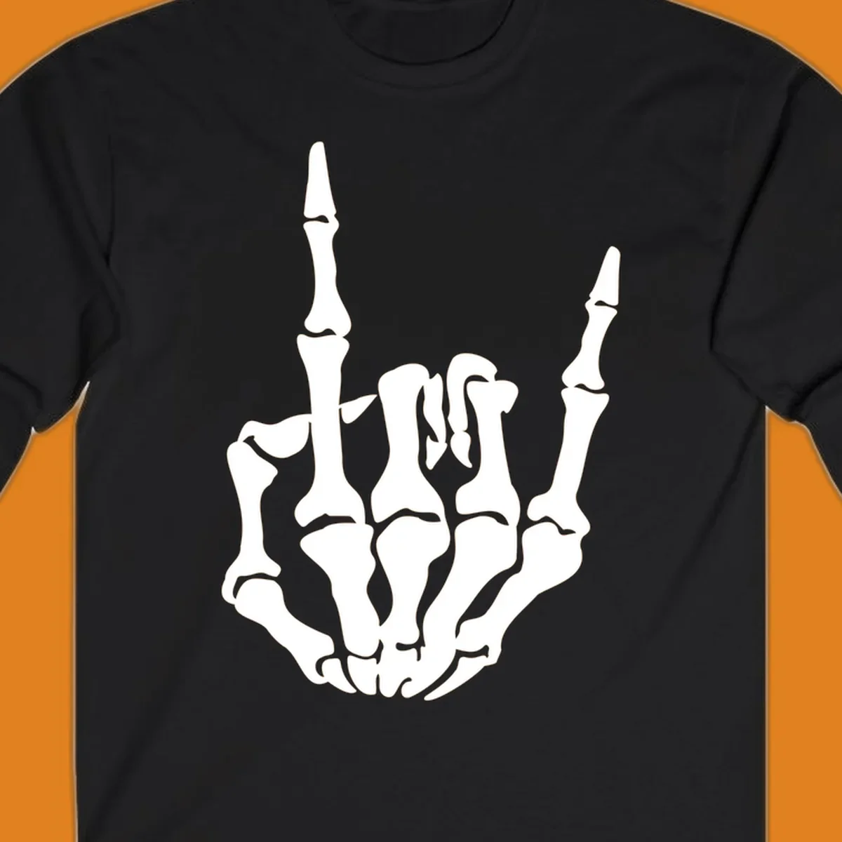 A detailed white skeleton hand making the 'rock on' gesture on a black background, representing the skeleton-hand-rock-on concept.
