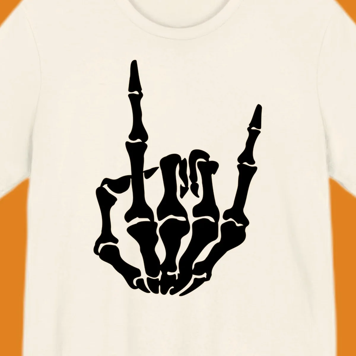A detailed white skeleton hand making the 'rock on' gesture on a black background, representing the skeleton-hand-rock-on concept.