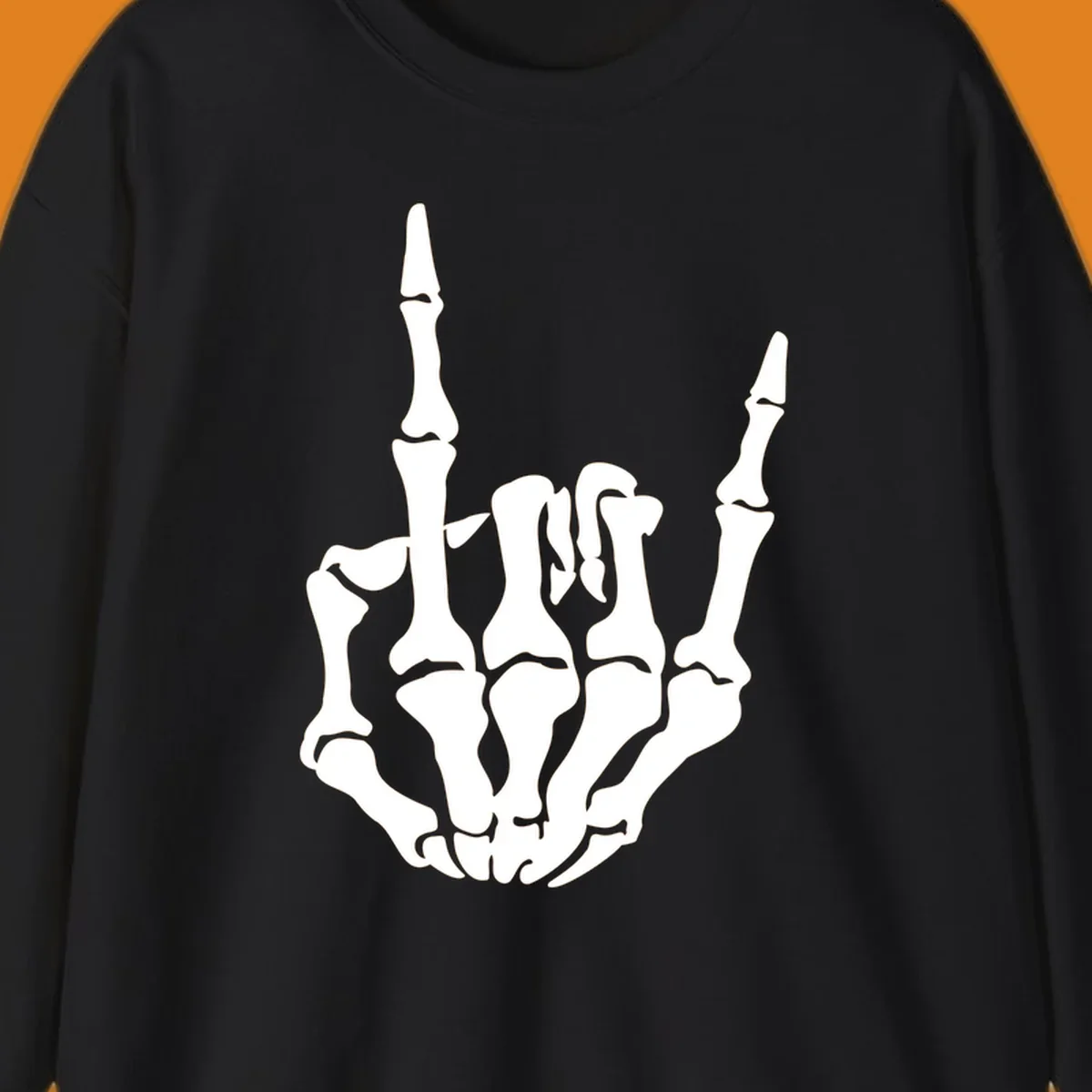 A detailed white skeleton hand making the 'rock on' gesture on a black background, representing the skeleton-hand-rock-on concept.