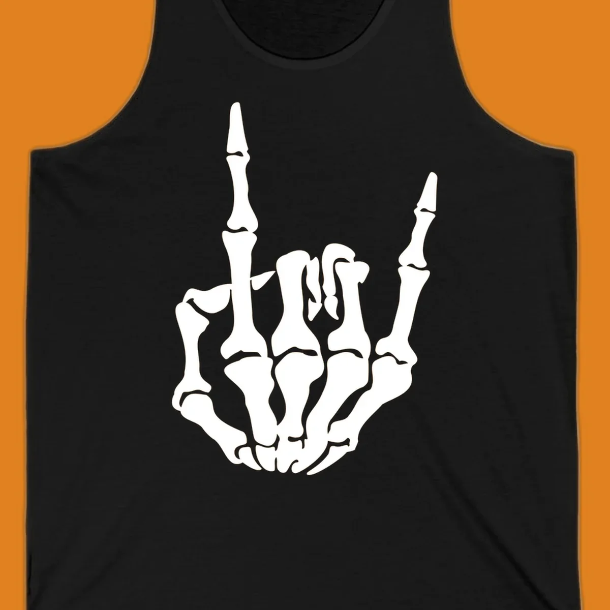 A detailed white skeleton hand making the 'rock on' gesture on a black background, representing the skeleton-hand-rock-on concept.