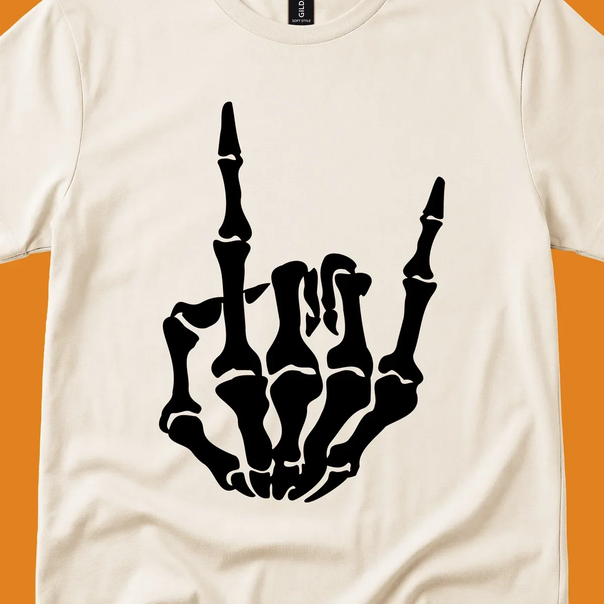 A detailed white skeleton hand making the 'rock on' gesture on a black background, representing the skeleton-hand-rock-on concept.