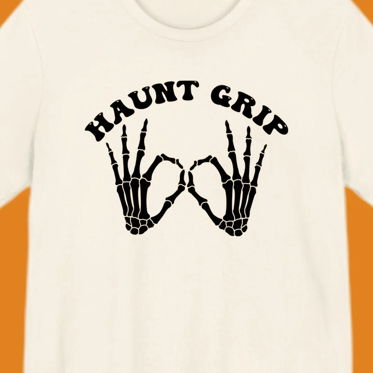 A graphic featuring two skeleton hands forming a heart shape, with 'HAUNT GRIP' text above, embodying the haunt-grip-skeleton-hands-heart theme.