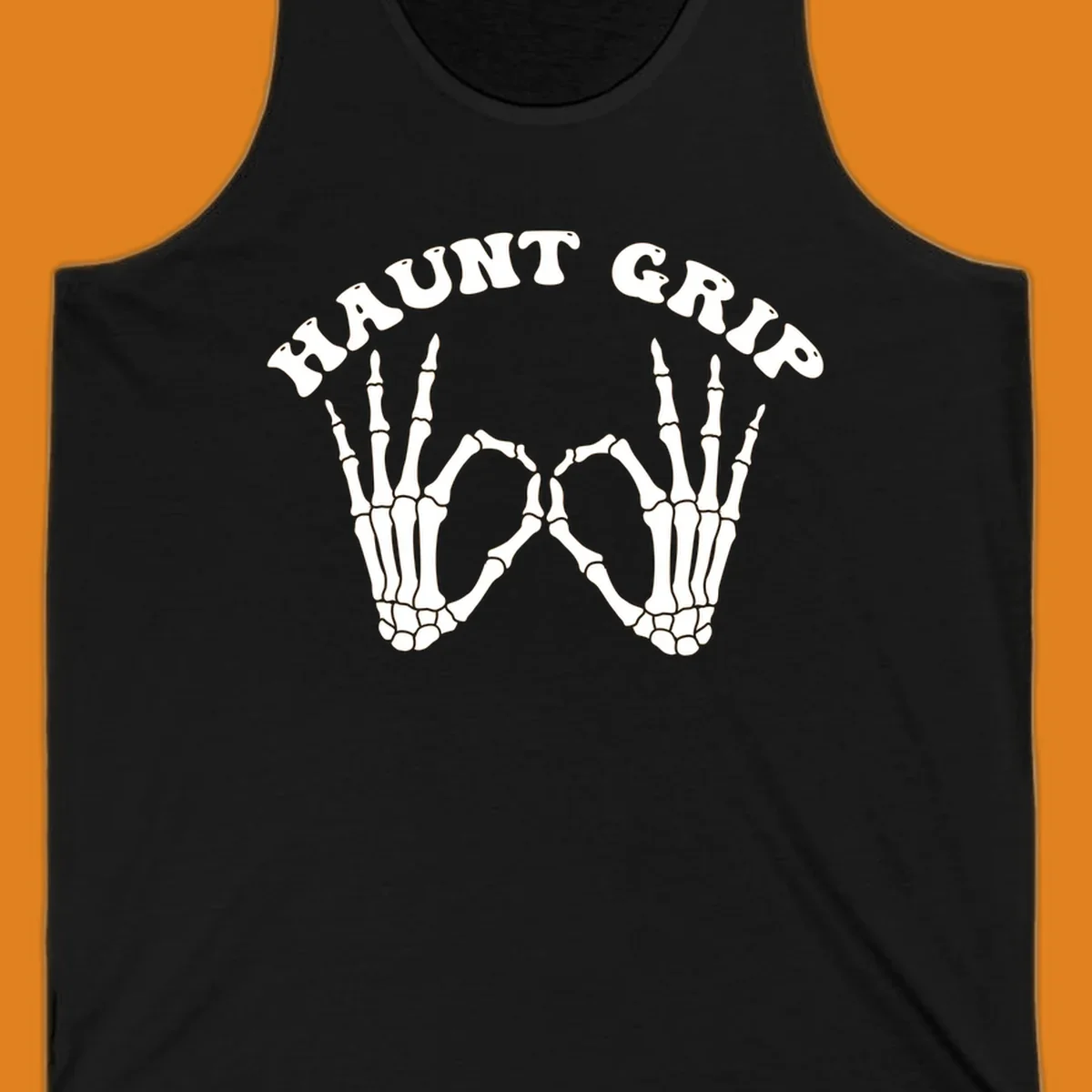 A graphic featuring two skeleton hands forming a heart shape, with 'HAUNT GRIP' text above, embodying the haunt-grip-skeleton-hands-heart theme.
