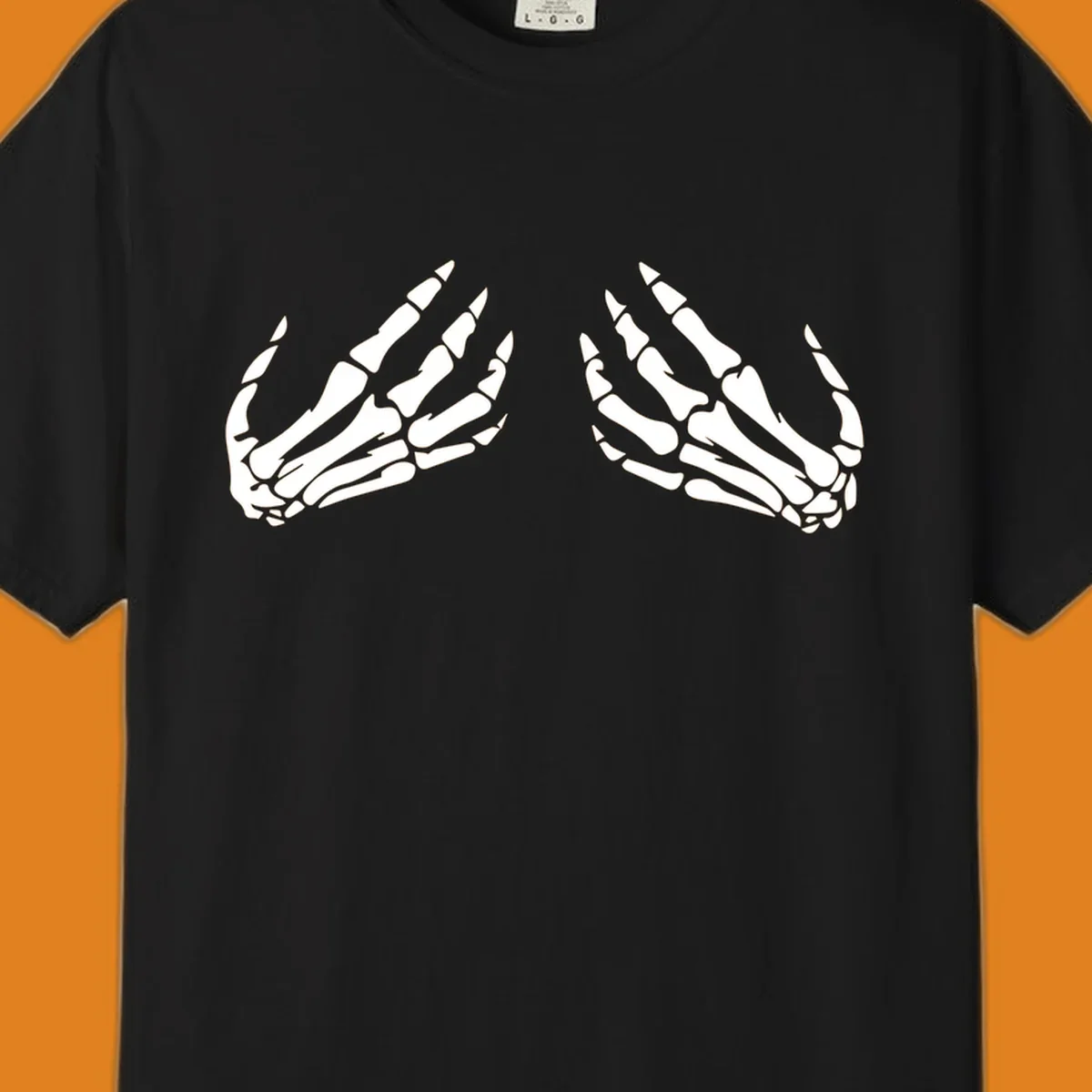 A minimalist illustration of two bony skeletal hands, facing each other and reaching upwards. The design highlights intricate bone details.