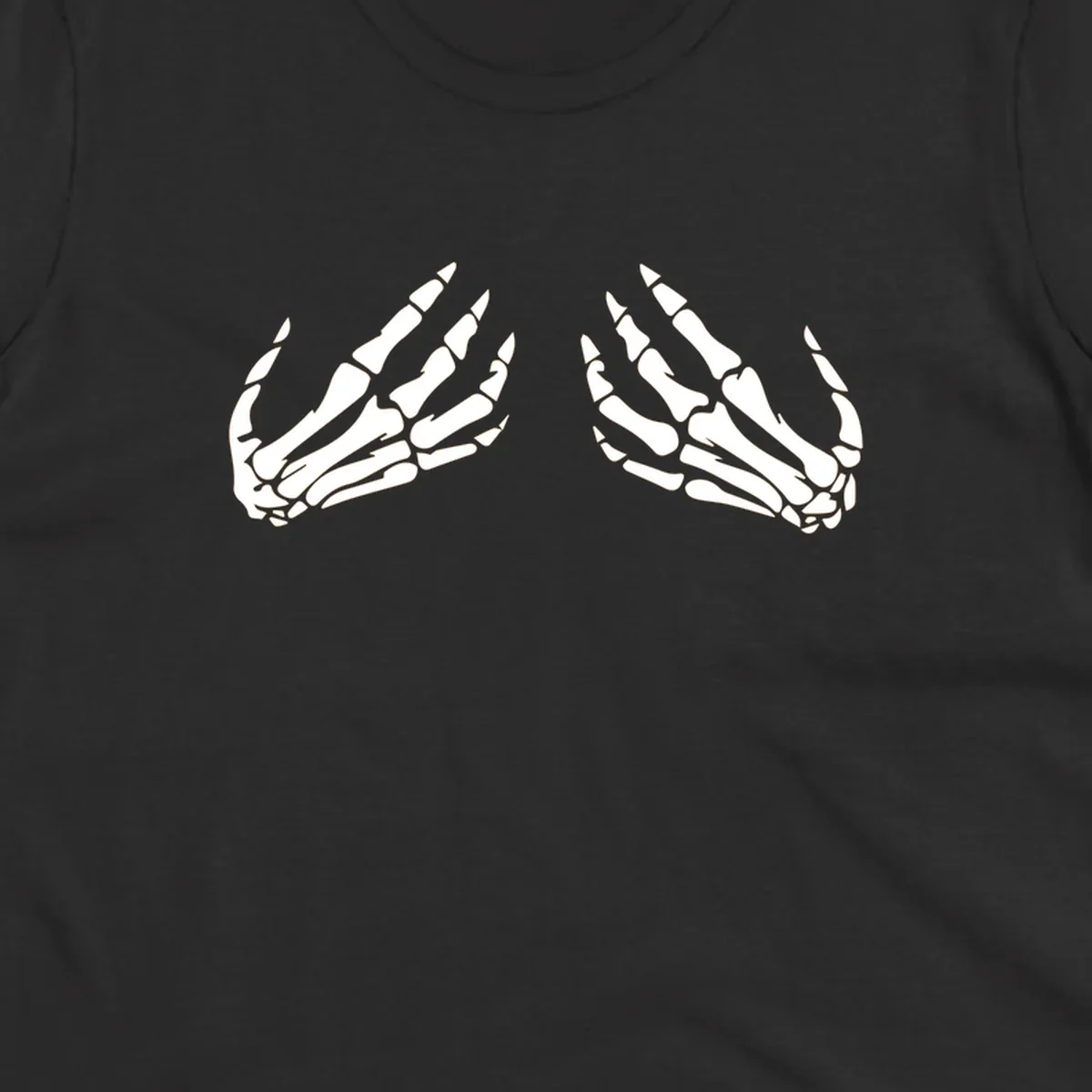 A minimalist illustration of two bony skeletal hands, facing each other and reaching upwards. The design highlights intricate bone details.