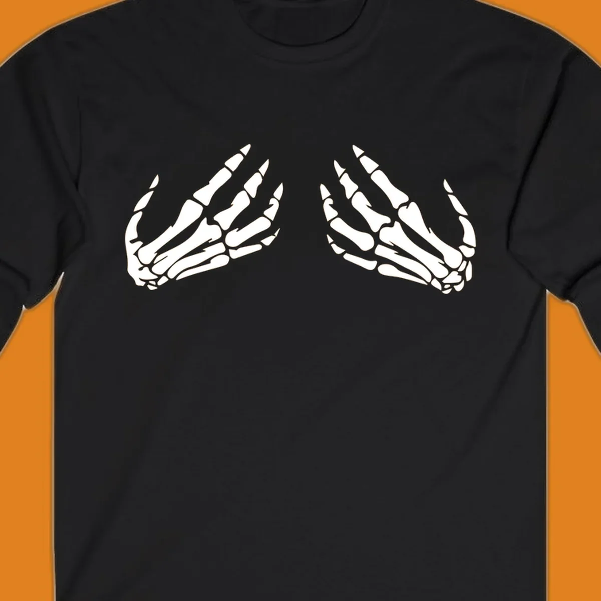 A minimalist illustration of two bony skeletal hands, facing each other and reaching upwards. The design highlights intricate bone details.