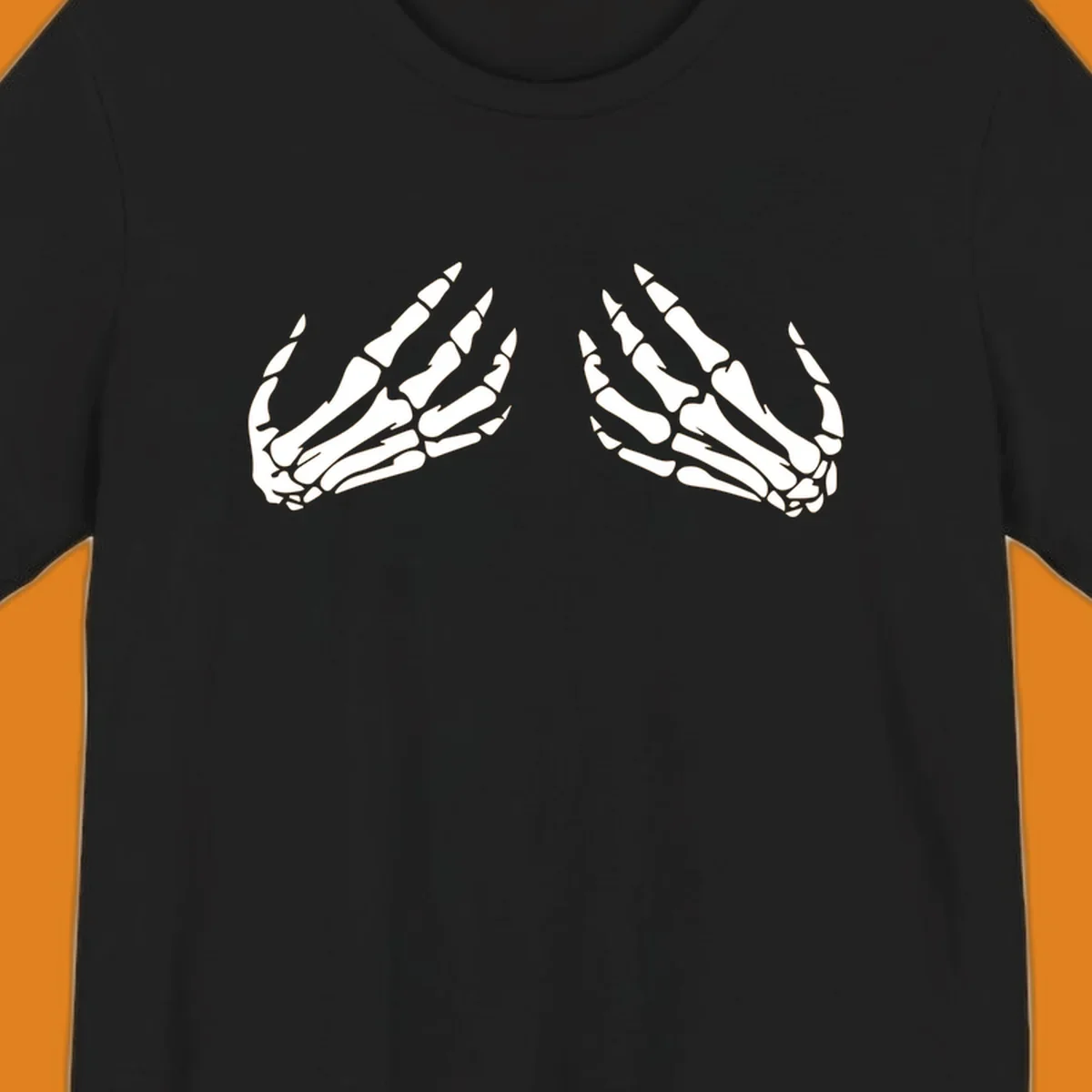 A minimalist illustration of two bony skeletal hands, facing each other and reaching upwards. The design highlights intricate bone details.
