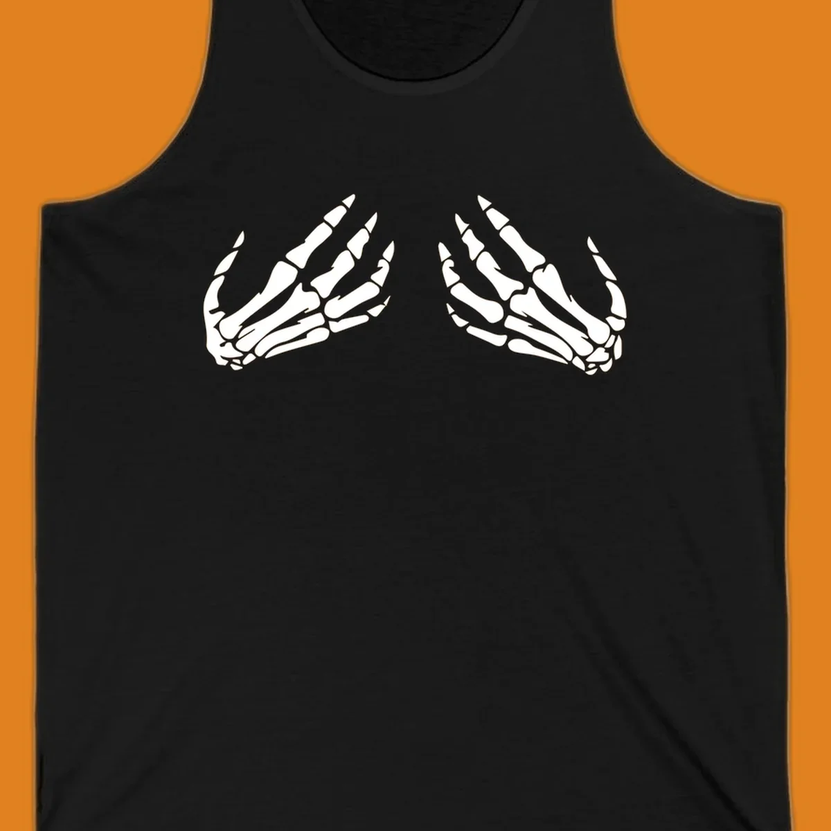 A minimalist illustration of two bony skeletal hands, facing each other and reaching upwards. The design highlights intricate bone details.