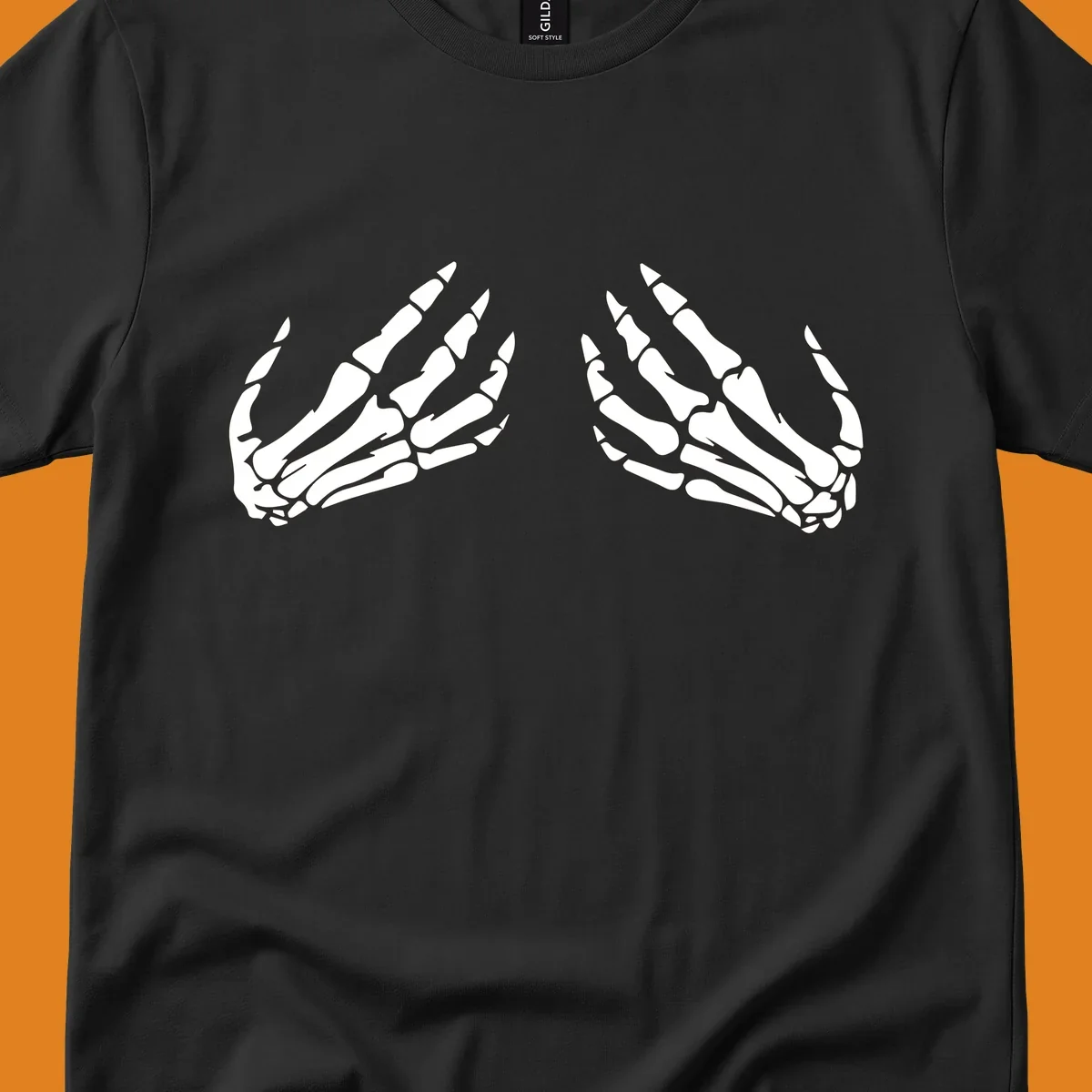 A minimalist illustration of two bony skeletal hands, facing each other and reaching upwards. The design highlights intricate bone details.