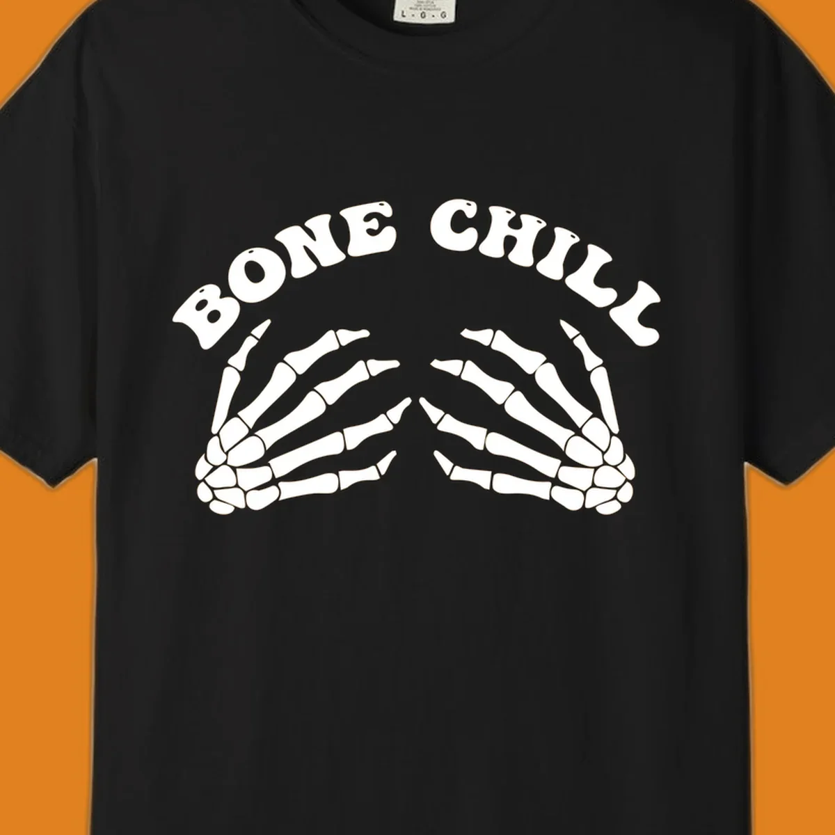 A 'Bone Chill' graphic featuring the phrase in an arched font above two pairs of stylized skeleton hands.