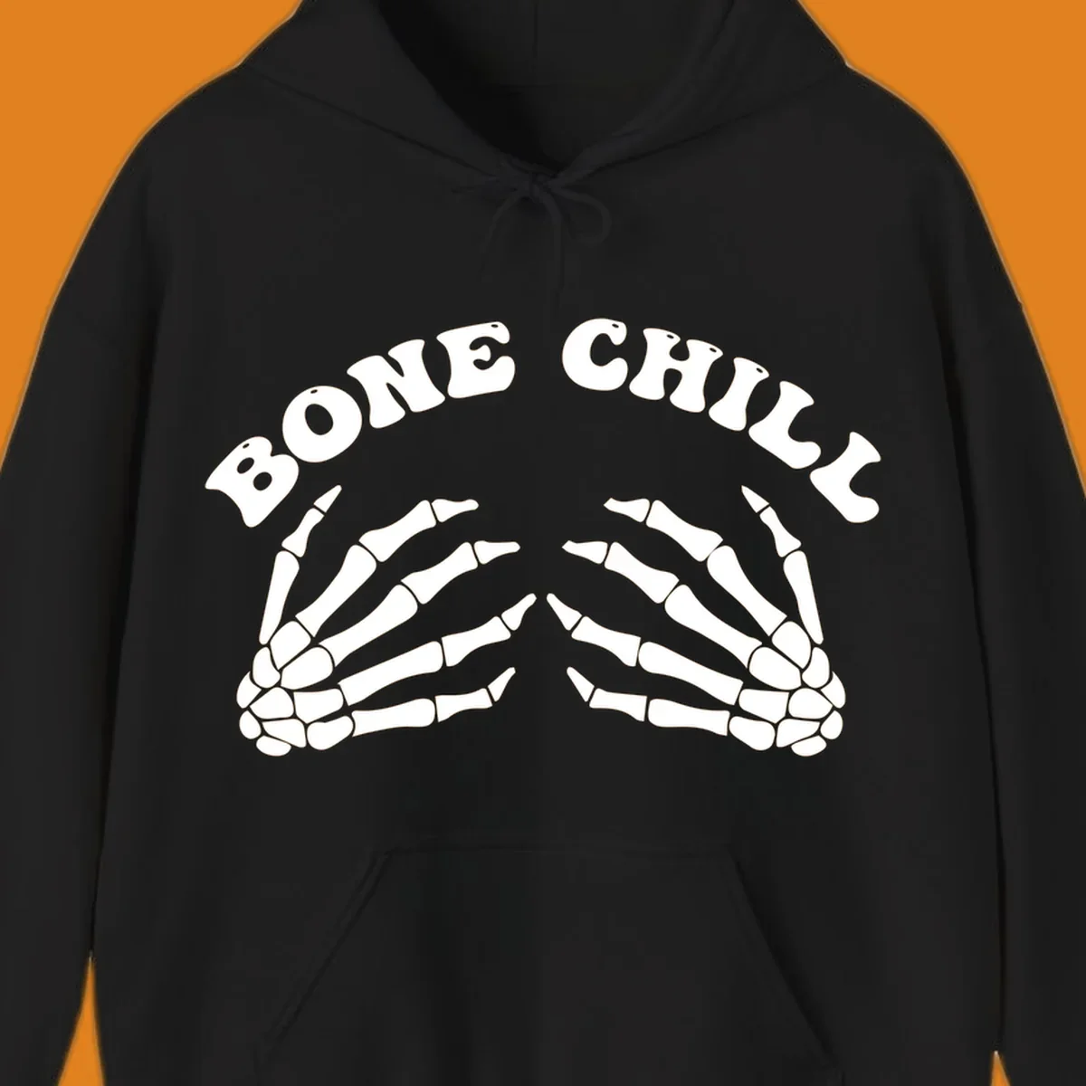 A 'Bone Chill' graphic featuring the phrase in an arched font above two pairs of stylized skeleton hands.