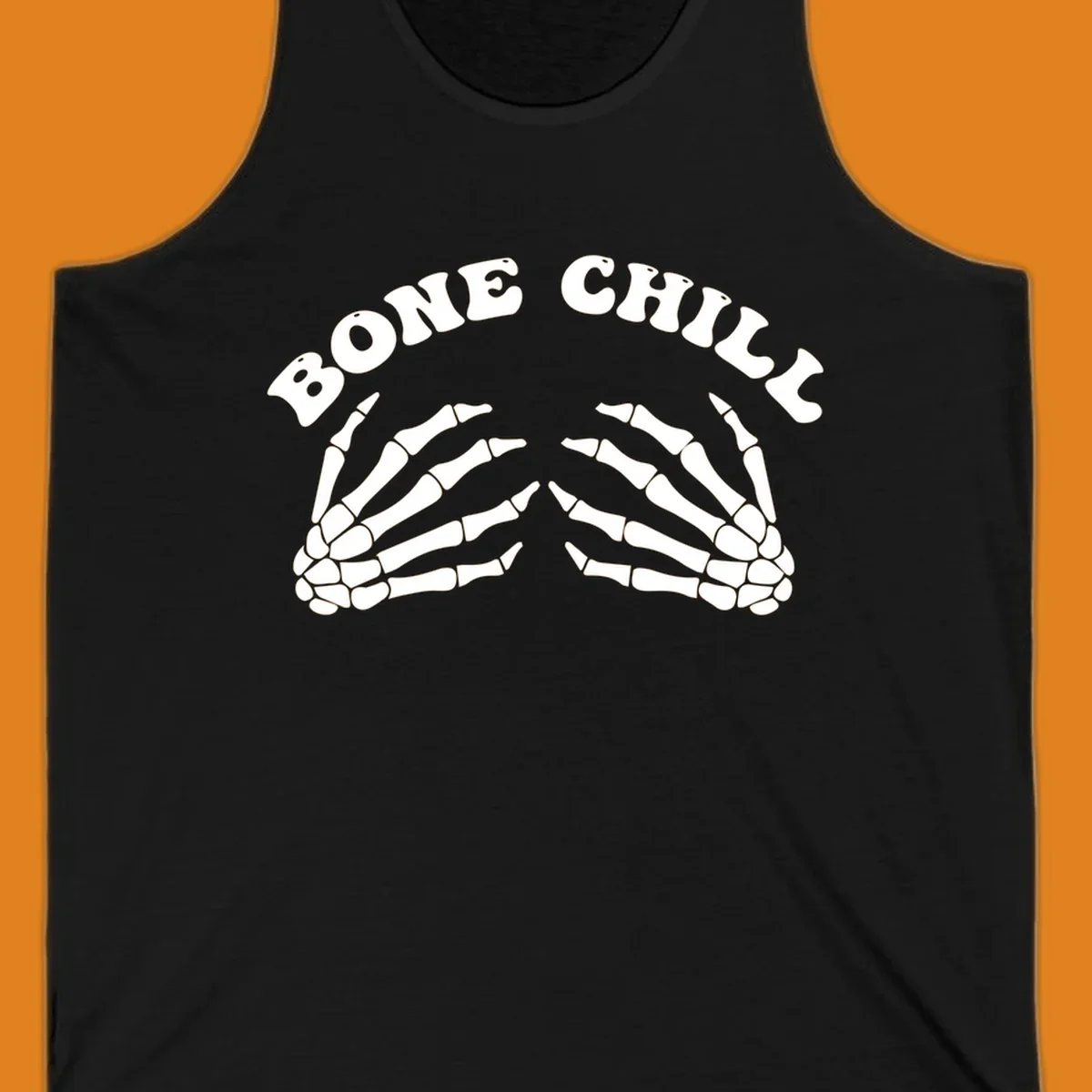 A 'Bone Chill' graphic featuring the phrase in an arched font above two pairs of stylized skeleton hands.
