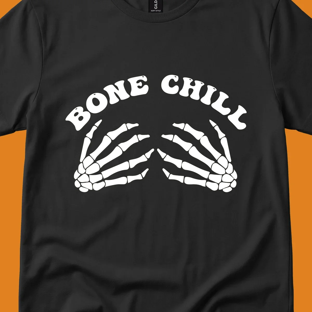 A 'Bone Chill' graphic featuring the phrase in an arched font above two pairs of stylized skeleton hands.